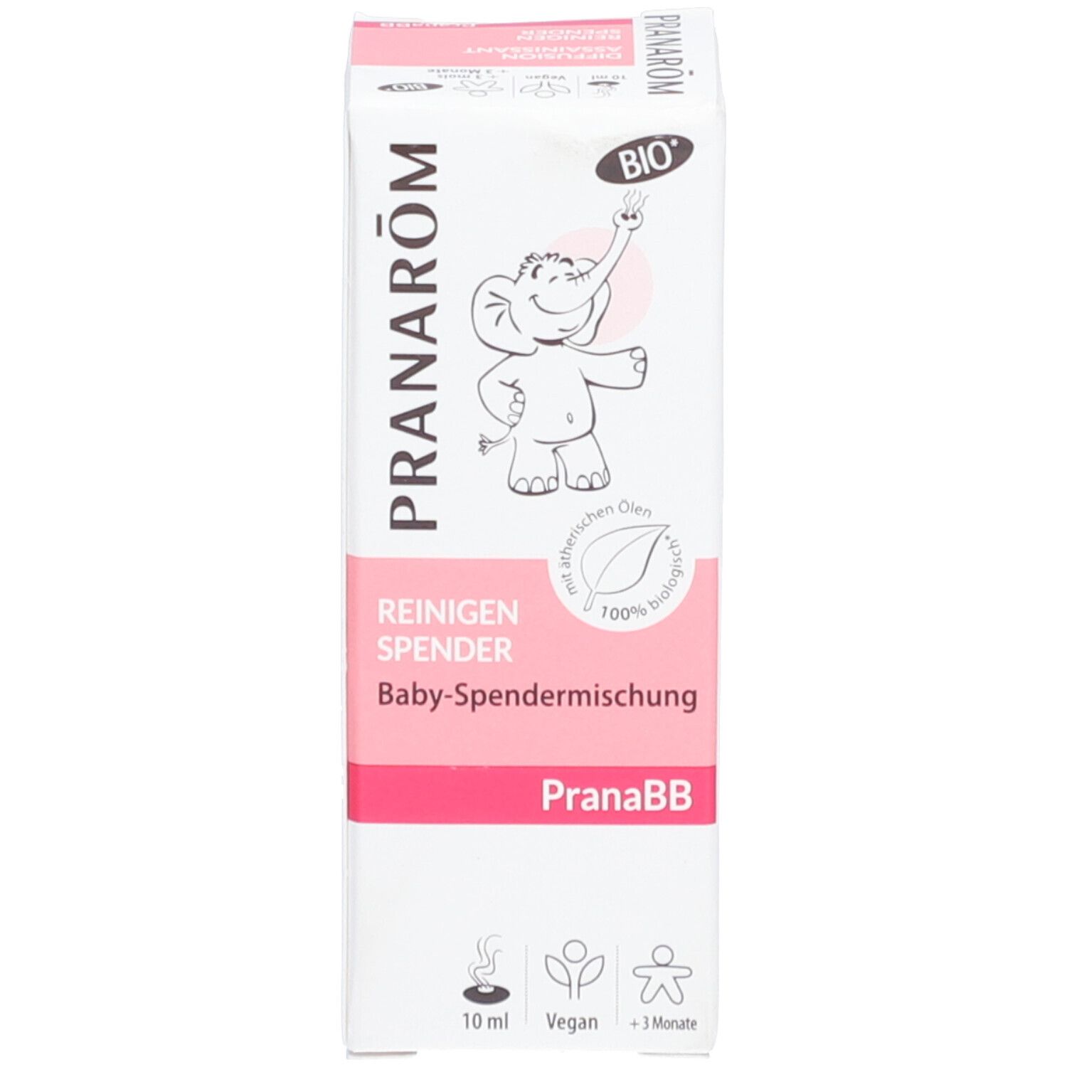 Produktverpackung mit rosa Akzenten, Elefanten-Illustration, BIO-Zertifizierung. Text: Reinigen Spender.