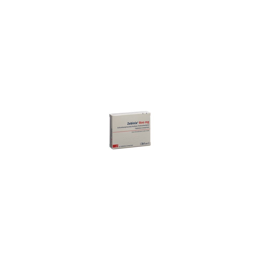 Karton ZEBINIX Tabl 800 mg. Aufschrift: ZEBINIX 800 mg. Rote und graue Streifen. Weiße Verpackung.