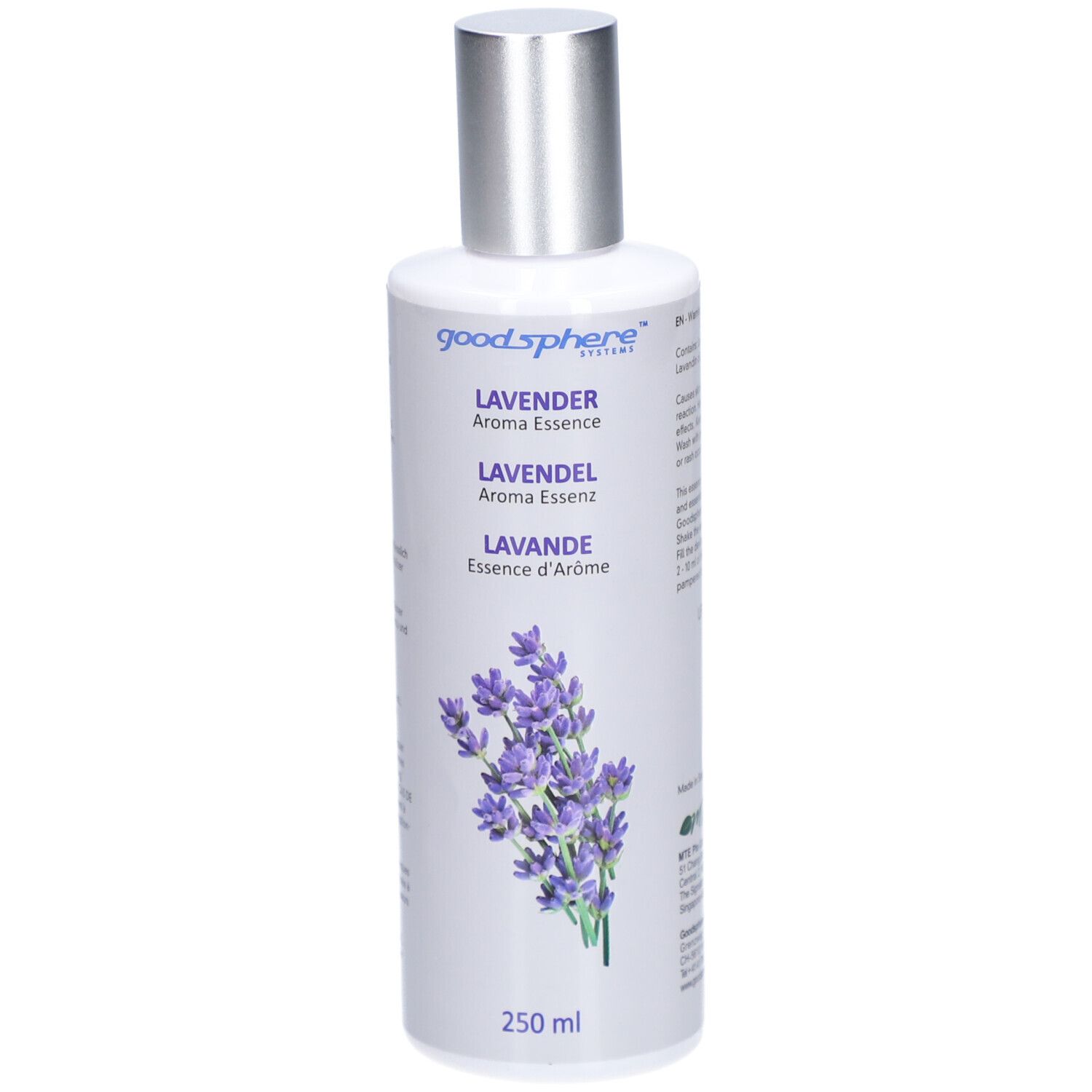 Flasche mit silbernem Deckel. Aufschrift: LAVENDEL Aroma Essenz. Abbildung von Lavendelblüten. 250 ml.