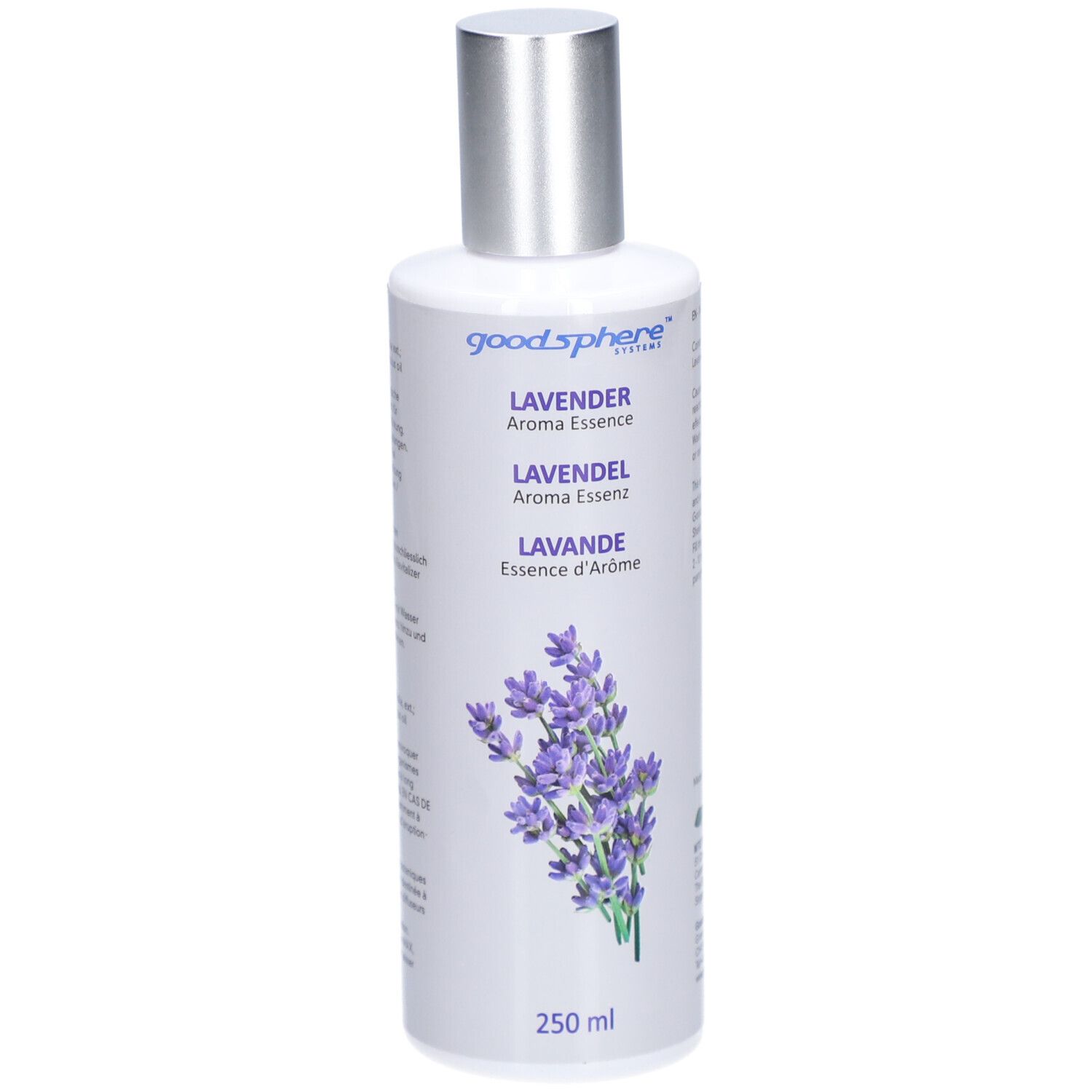 Flasche mit silbernem Deckel. Aufschrift: LAVENDEL Aroma Essenz. Abbildung von Lavendelblüten. 250 ml.