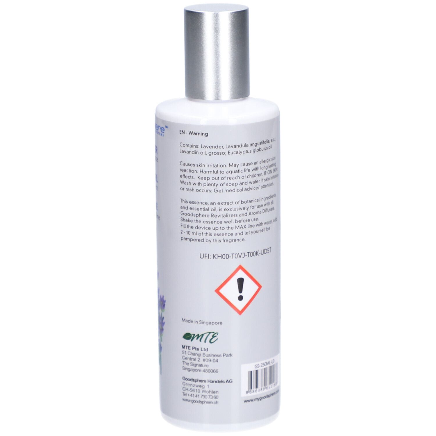 Flasche mit Text. Enthält Lavendelöl. Warnhinweis: Reizt die Haut. Gefahrensymbol. UFI-Code.