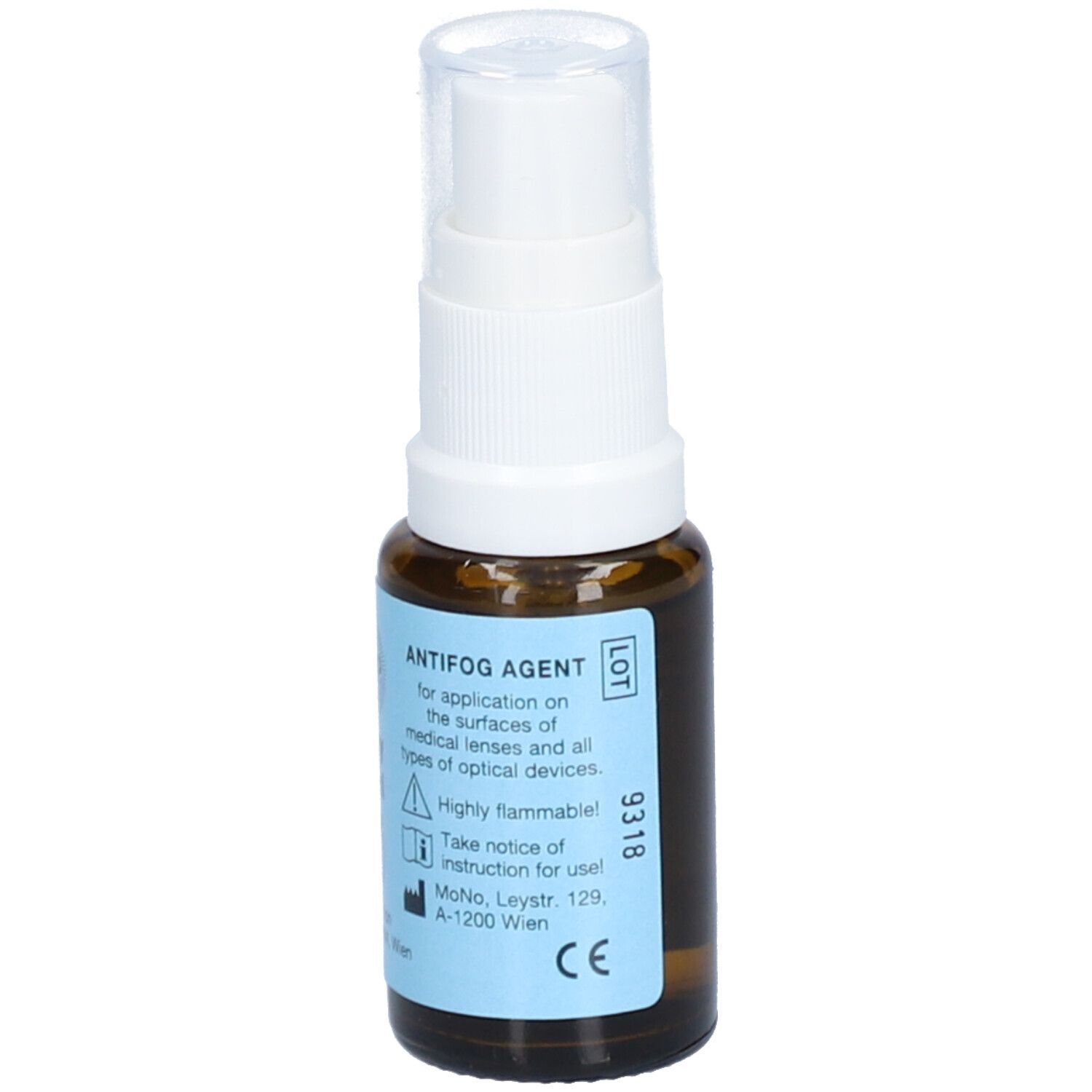 Braune Glasflasche mit weißem Sprühkopf. Aufkleber mit Produktinformationen. "ANTIFOG AGENT".