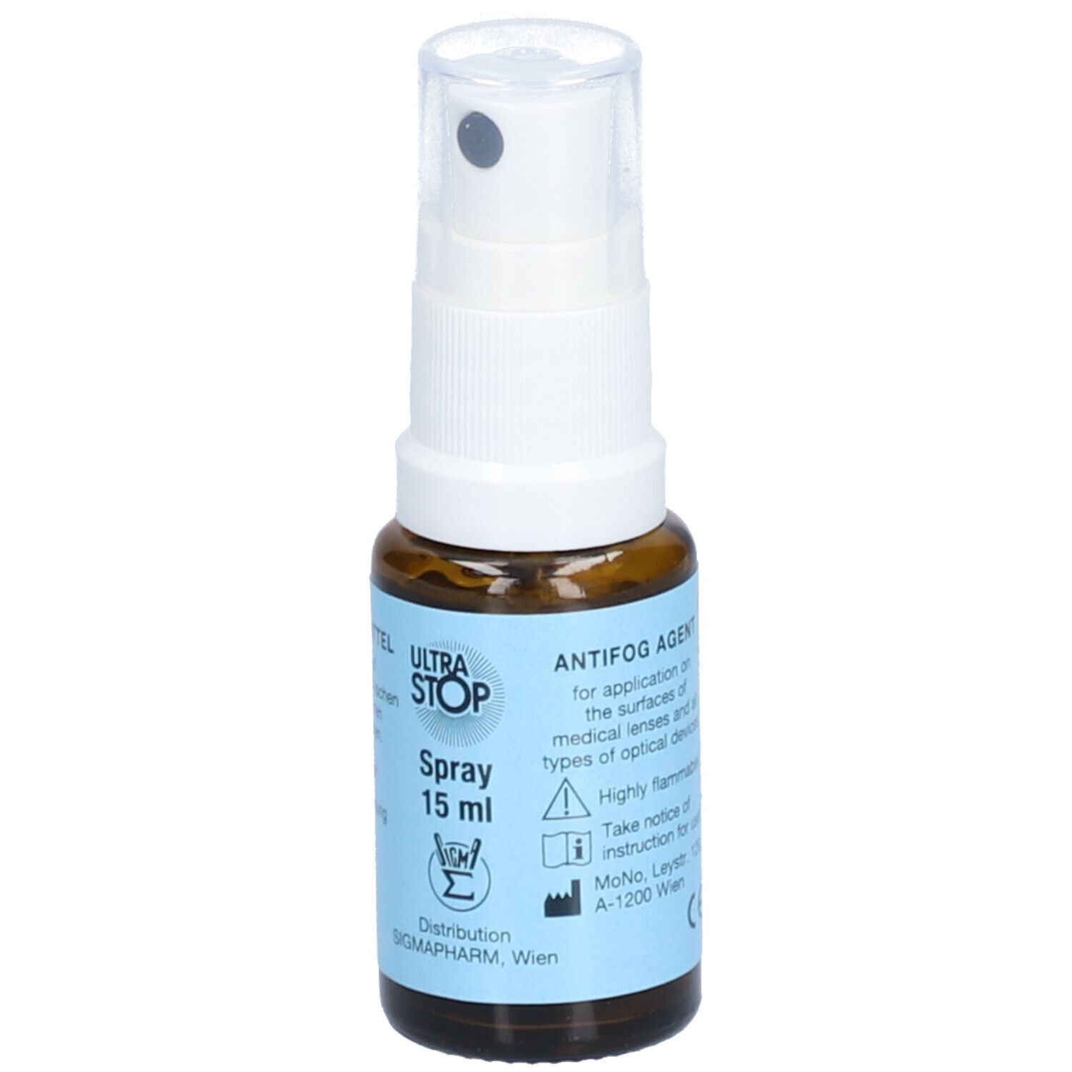 Braune Glasflasche mit weißem Sprühkopf. Aufkleber mit Produktinformationen. "ULTRASTOP Spray 15 ml".