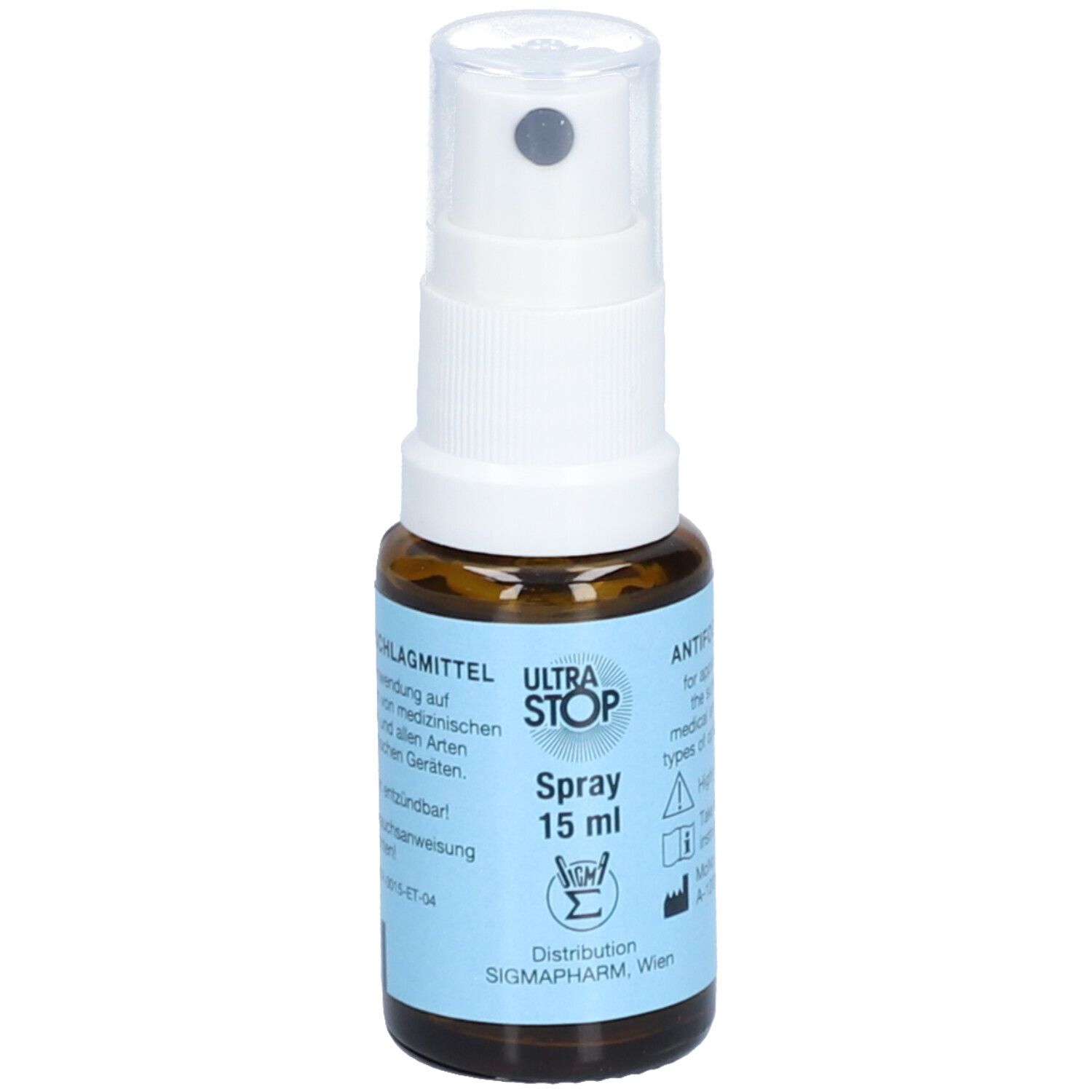 Braune Glasflasche mit weißem Sprühkopf. Aufkleber mit Produktinformationen. "ULTRASTOP Spray 15 ml".