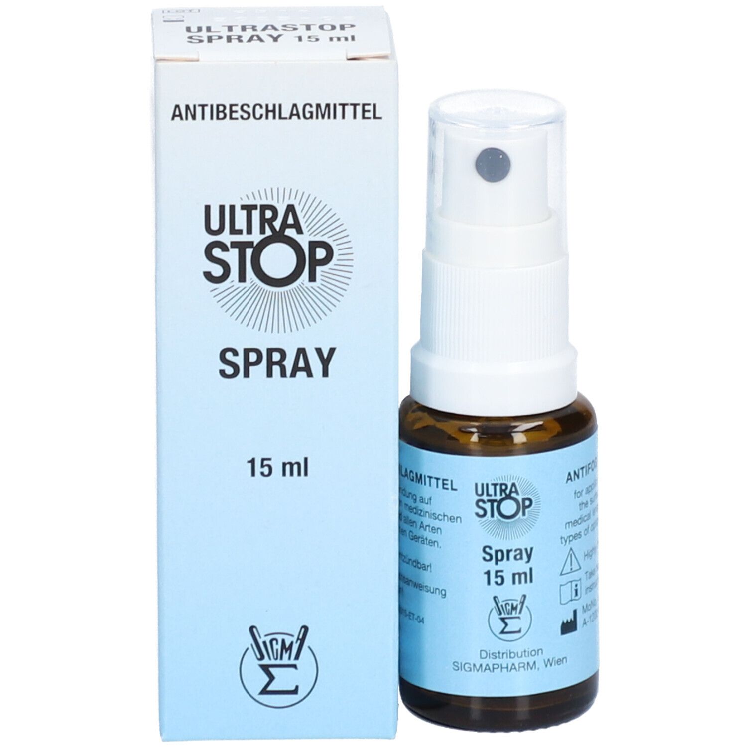 Produktverpackung mit Flasche. Karton mit "ULTRASTOP SPRAY 15 ml". Braune Flasche mit Sprühkopf.