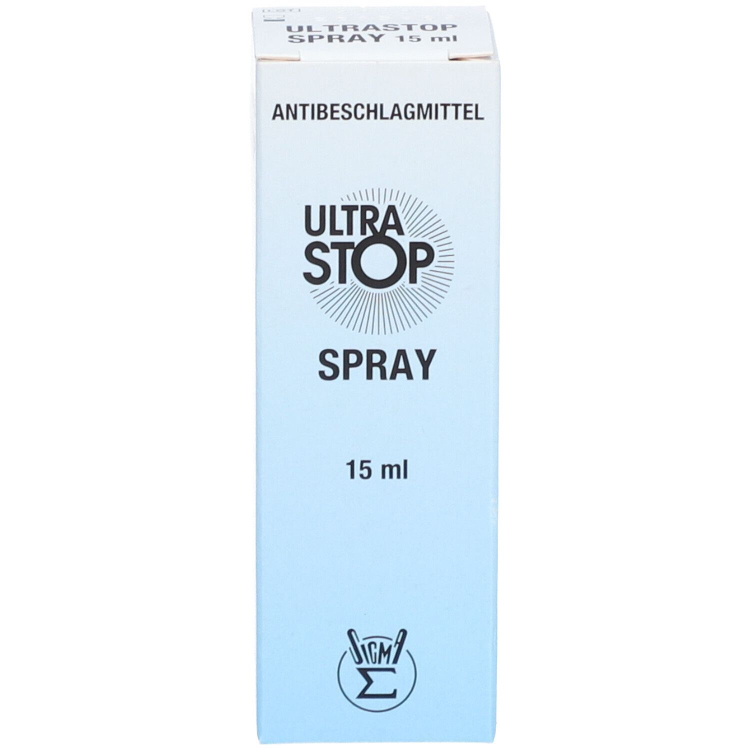 Produktverpackung. Karton mit "ULTRASTOP SPRAY 15 ml". Logo und Produktname.