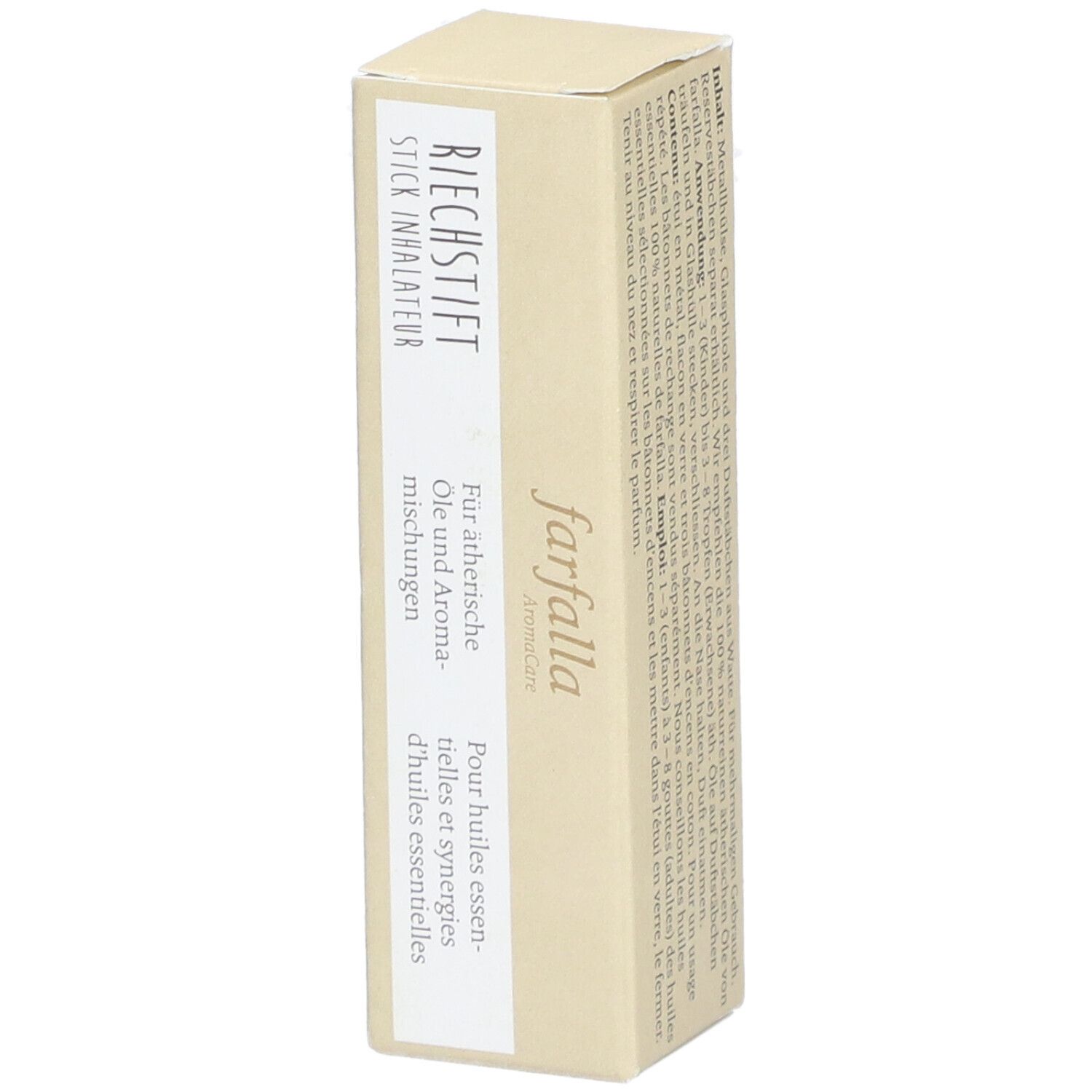 Boîte beige avec étiquette blanche. Texte: Stick inhalateur, farfalla. Pour huiles essentielles et synergies d'huiles essentielles.