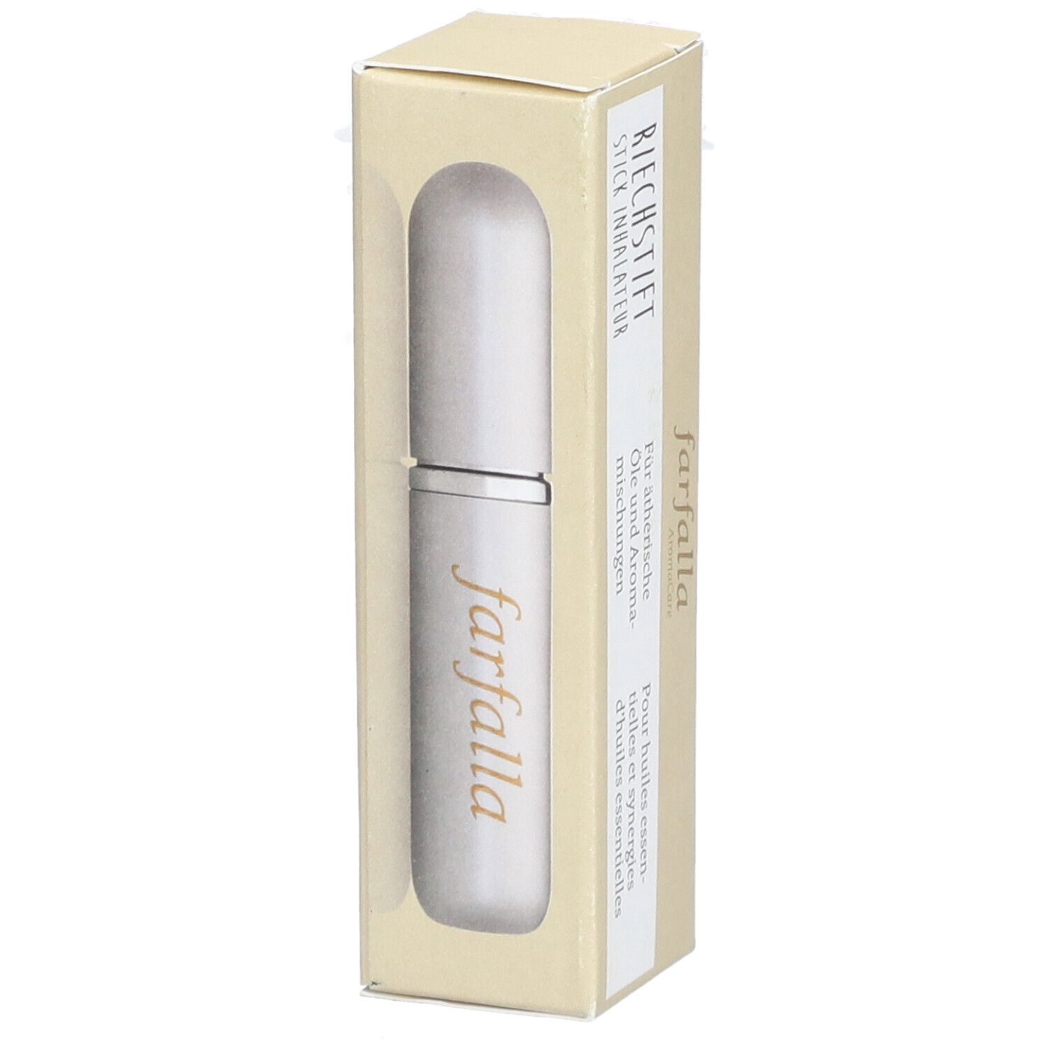 Produit dans son emballage ouvert. Inhalateur argenté avec logo farfalla. Visible à travers une ouverture dans l'emballage.