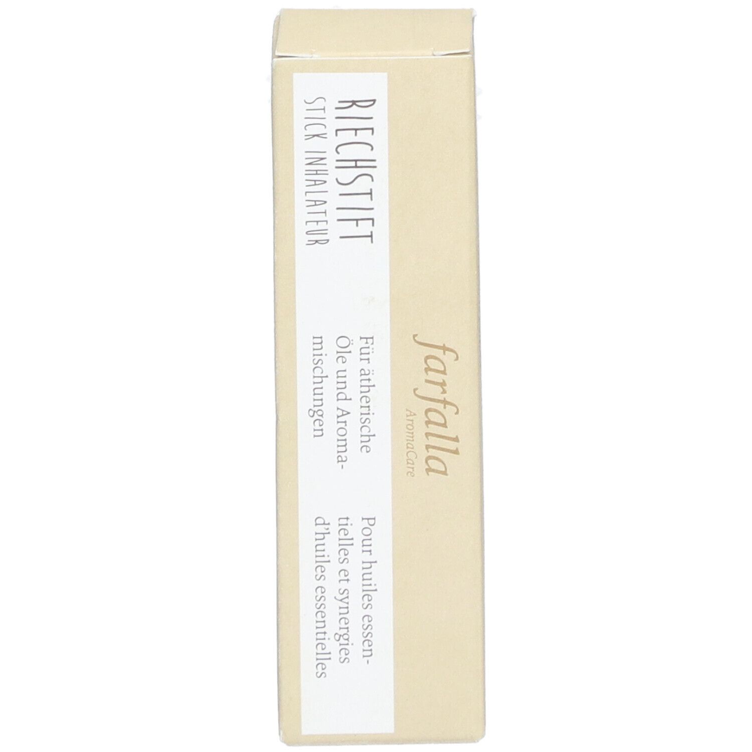Boîte beige avec étiquette blanche. Texte: Stick inhalateur, farfalla. Pour huiles essentielles et synergies d'huiles essentielles.