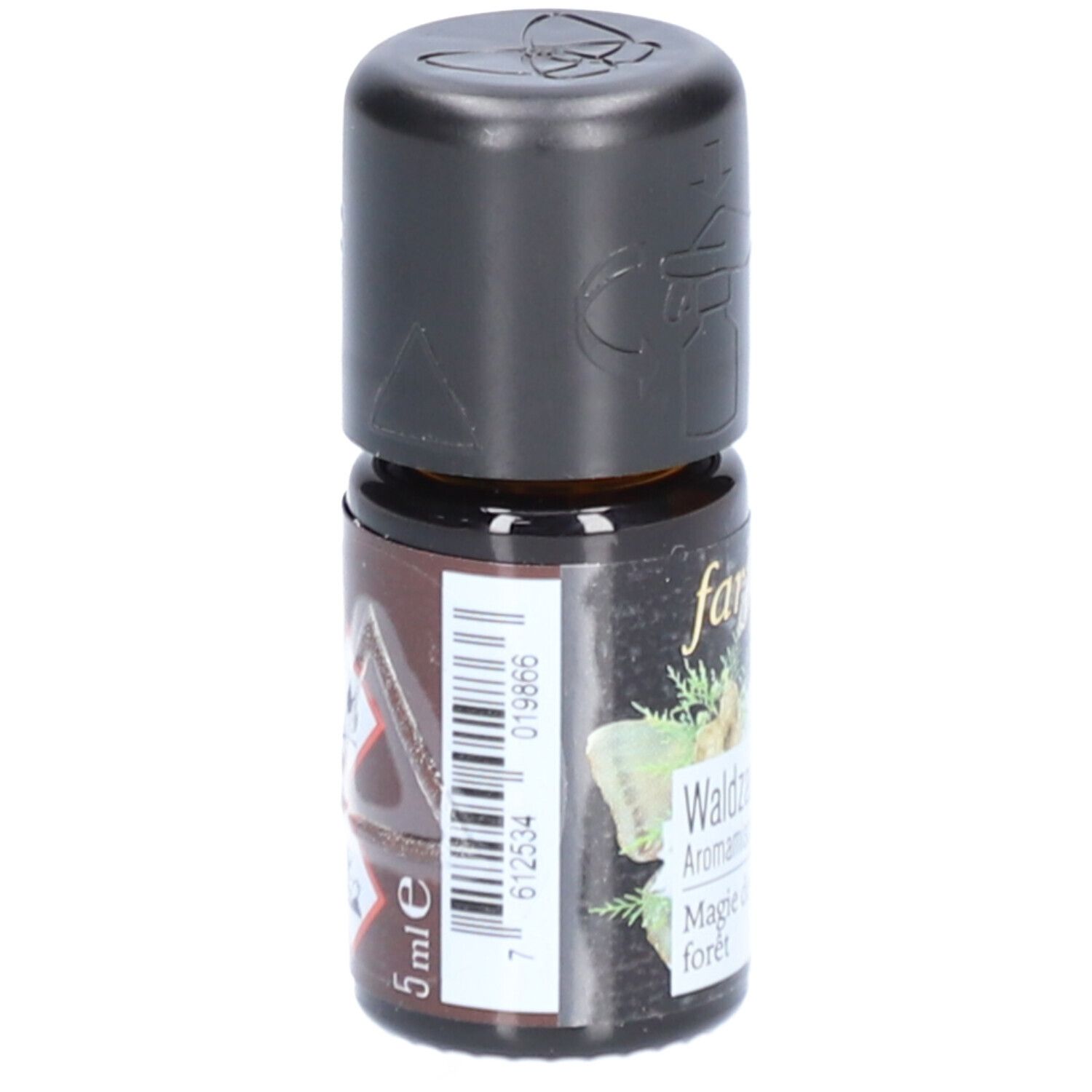 Braune Glasflasche mit schwarzem Deckel. Aufschrift: 5 ml. Barcode und Text auf braunem Etikett.
