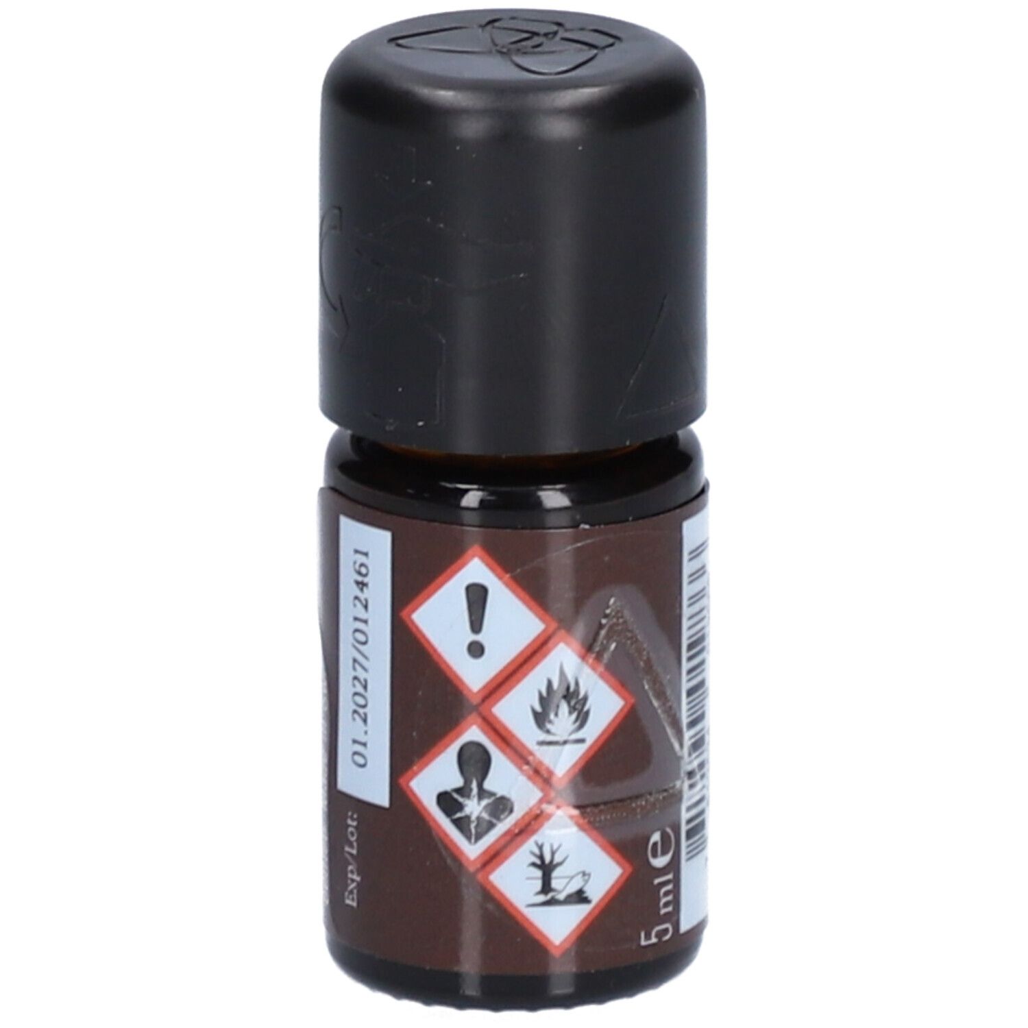 Braune Glasflasche mit schwarzem Deckel. Etikett mit Gefahrensymbolen und Text: 5 ml, 01.2027/012461.