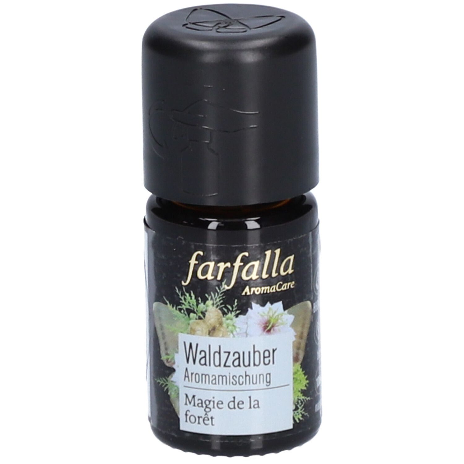 Braune Glasflasche mit schwarzem Deckel. Aufschrift: farfalla AromaCare, Waldzauber Aromamischung, Magie de la forêt.