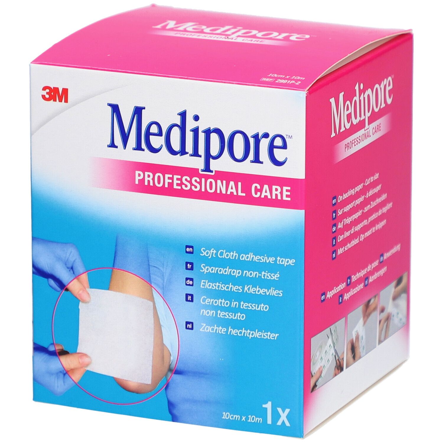 Boîte de pansements 3M Medipore. Inscription: Medipore PROFESSIONAL CARE. 10cm x 10m. Un pansement est montré sur un bras.