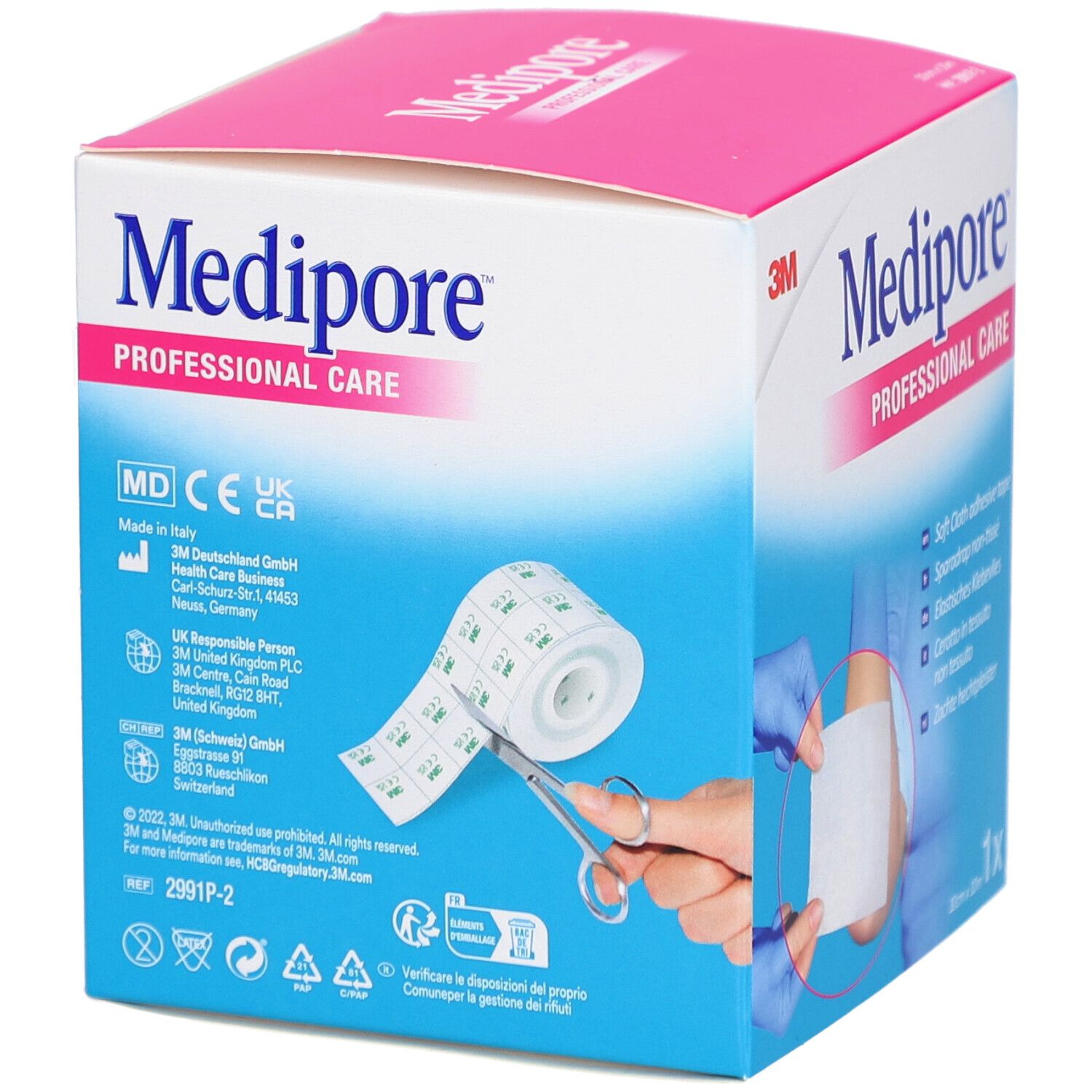 Boîte de pansements 3M Medipore. Inscription: Medipore PROFESSIONAL CARE. Rouleau de pansements et ciseaux. 10cm x 10m.