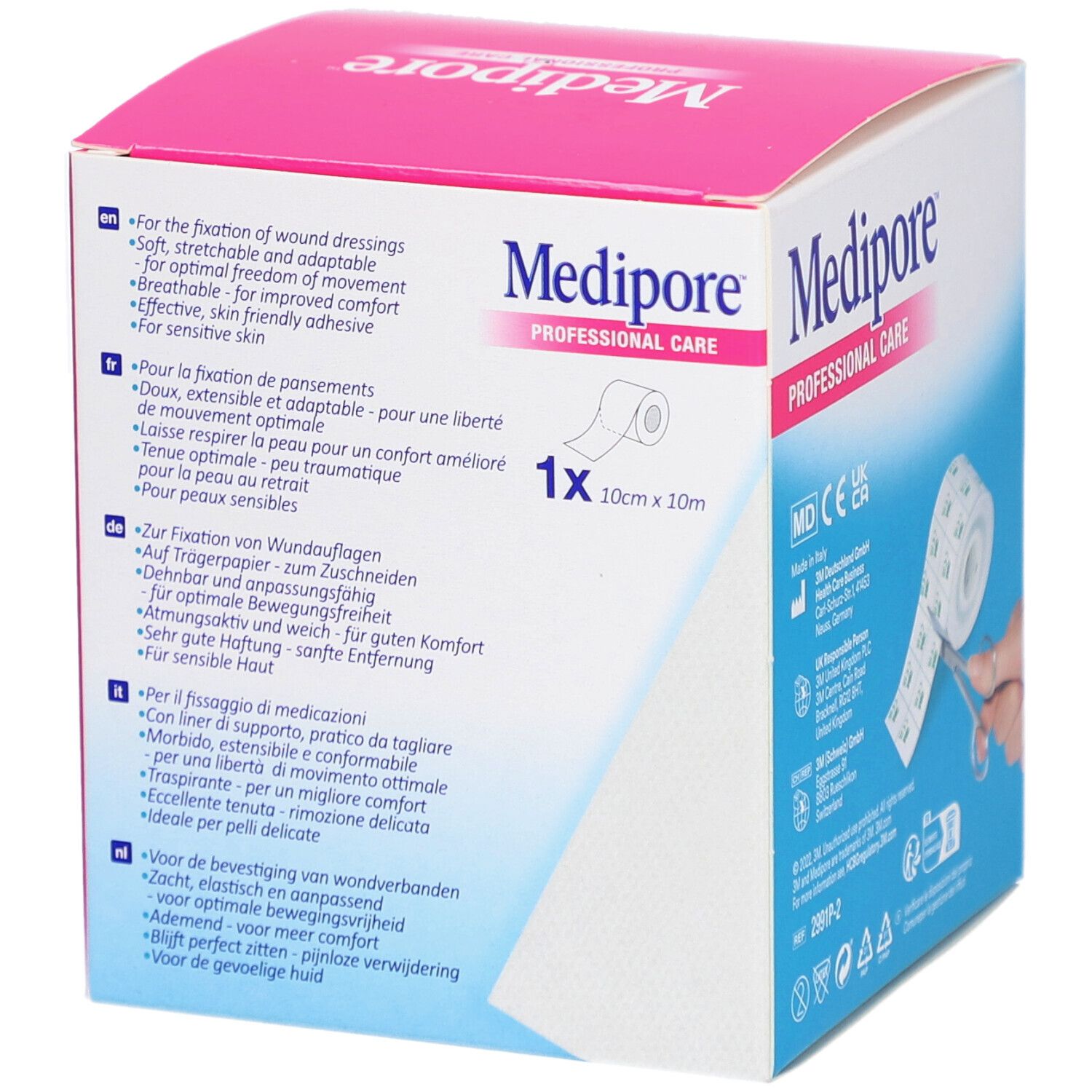 Boîte de pansements 3M Medipore. Inscription: Medipore PROFESSIONAL CARE. Texte avec propriétés. 10cm x 10m.
