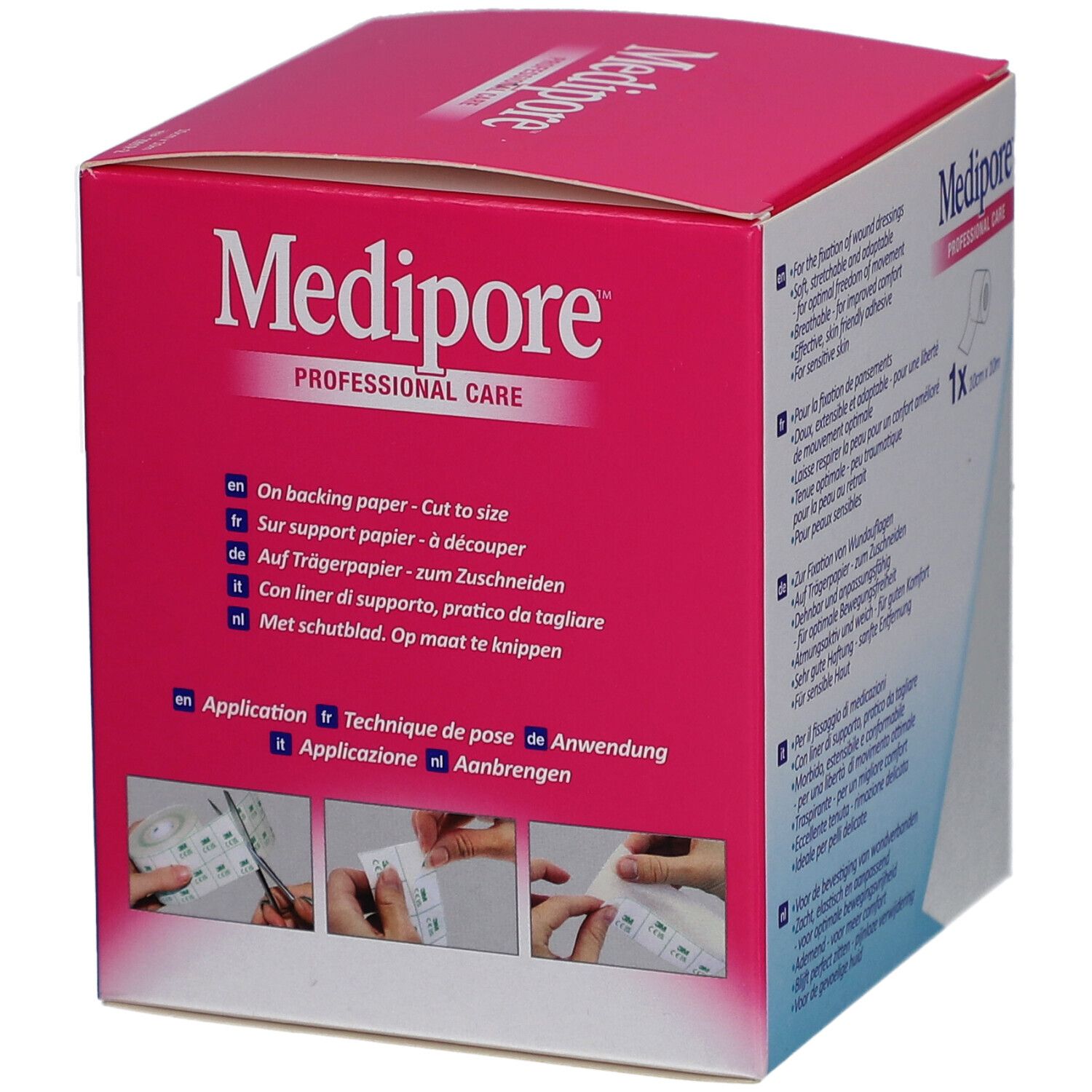 Boîte de pansements 3M Medipore. Inscription: Medipore PROFESSIONAL CARE. Dos avec exemples d'application. 10cm x 10m.