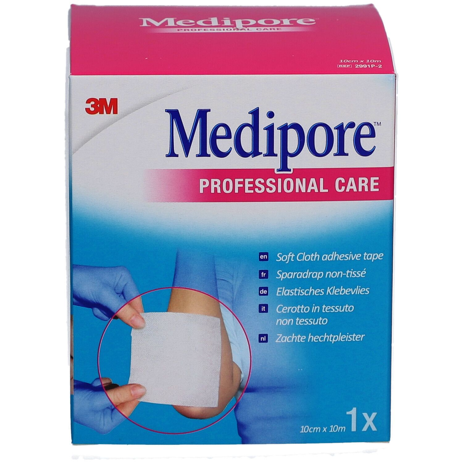 Boîte de pansements 3M Medipore. Inscription: Medipore PROFESSIONAL CARE. 10cm x 10m. Un pansement est montré sur un bras.
