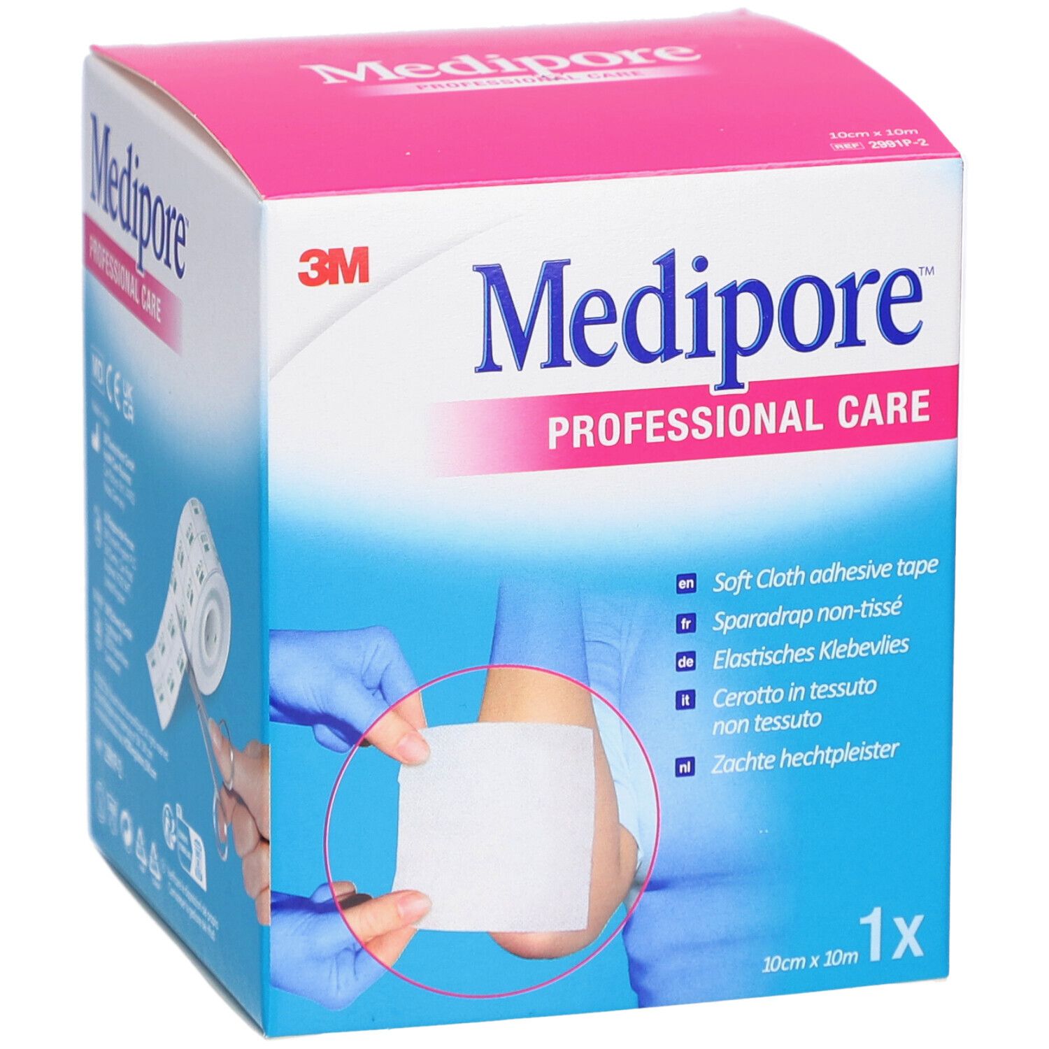 Boîte de pansements 3M Medipore. Inscription: Medipore PROFESSIONAL CARE. Rouleau de pansements et pansement sur bras. 10cm x 10m.
