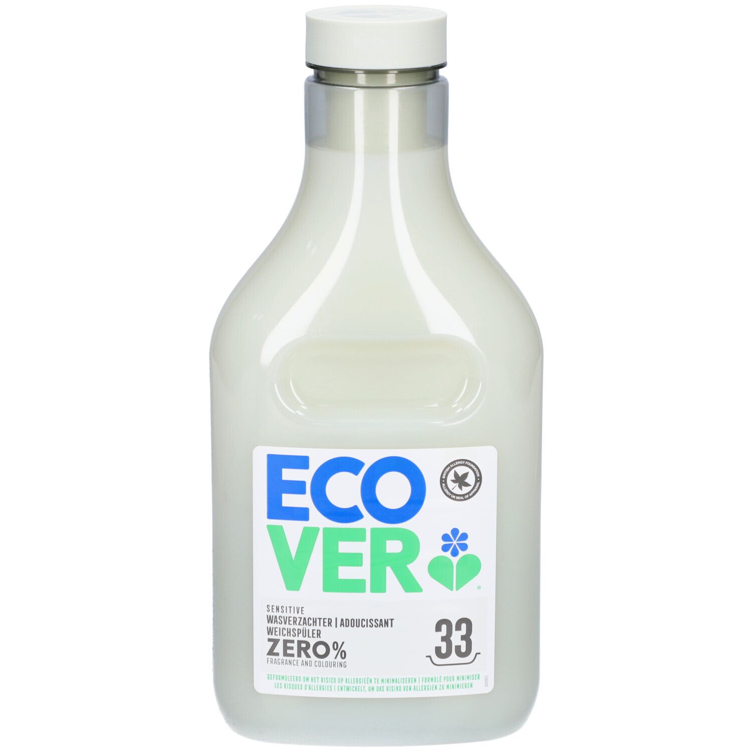 Flasche mit Etikett. Aufschrift: ECOVER Zero, 33. Grün-blaues Logo. Zertifizierungszeichen.