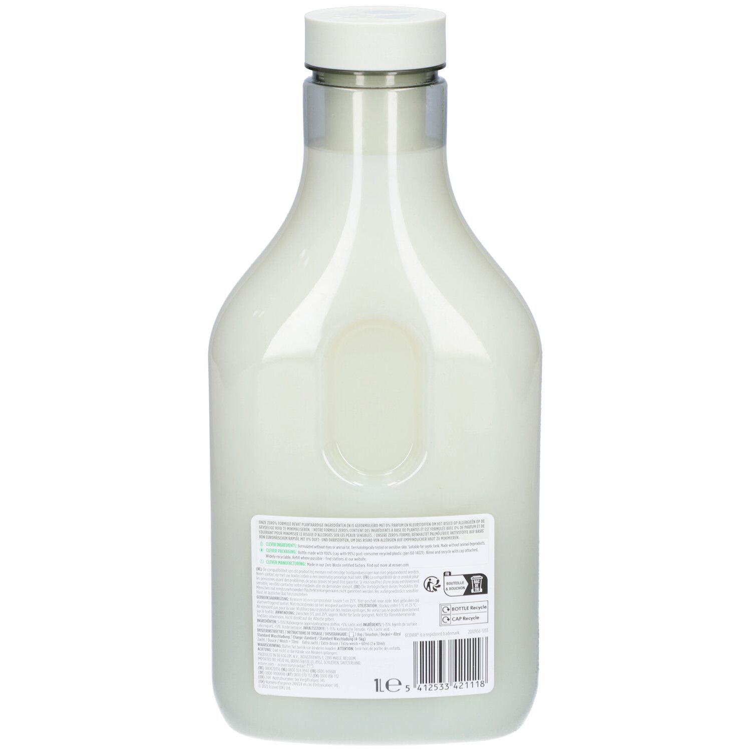 Rückansicht einer Flasche. Etikett mit Text und Symbolen. Unten: 1e.