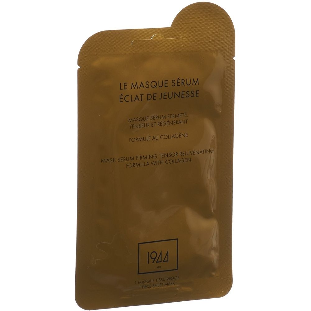 Goldfarbene Serum-Maske in einer Verpackung. Aufschrift: Le Masque Sérum Éclat de Jeunesse, 1944.