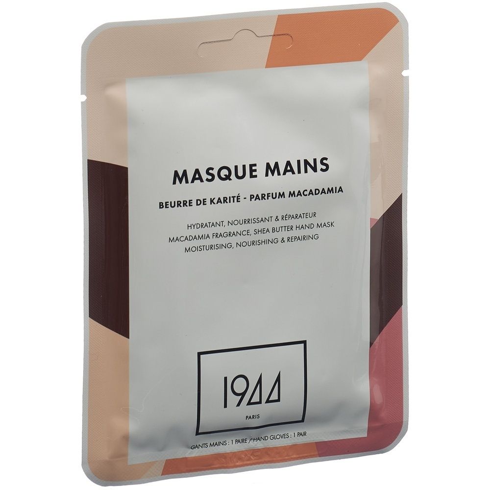 Handmaske in Verpackung. Text: Masque Mains, beurre de karité, parfum macadamia. Marke 1944.