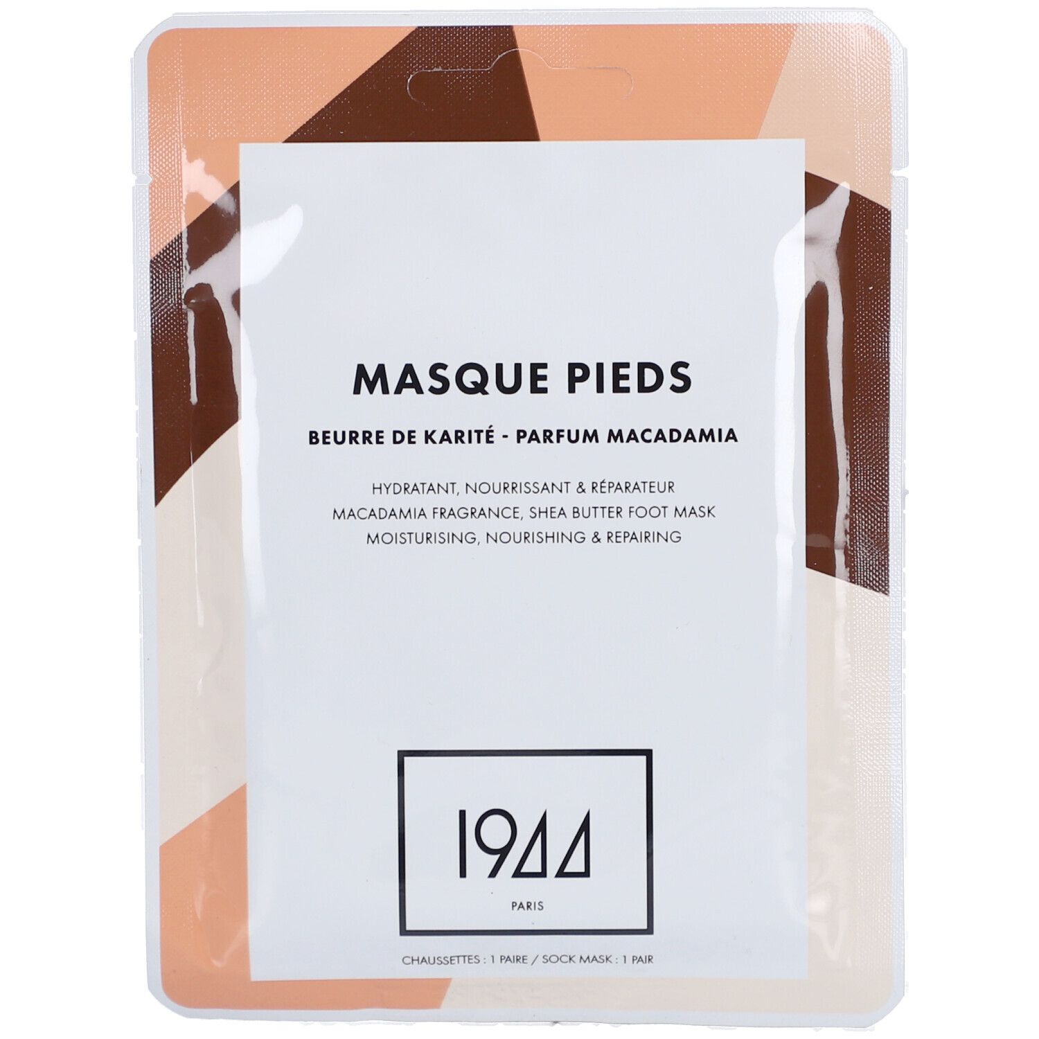 Fußmaske in Verpackung. Text: Masque Pieds, Beurre de Karité, Parfum Macadamia. 1944 Paris Logo.