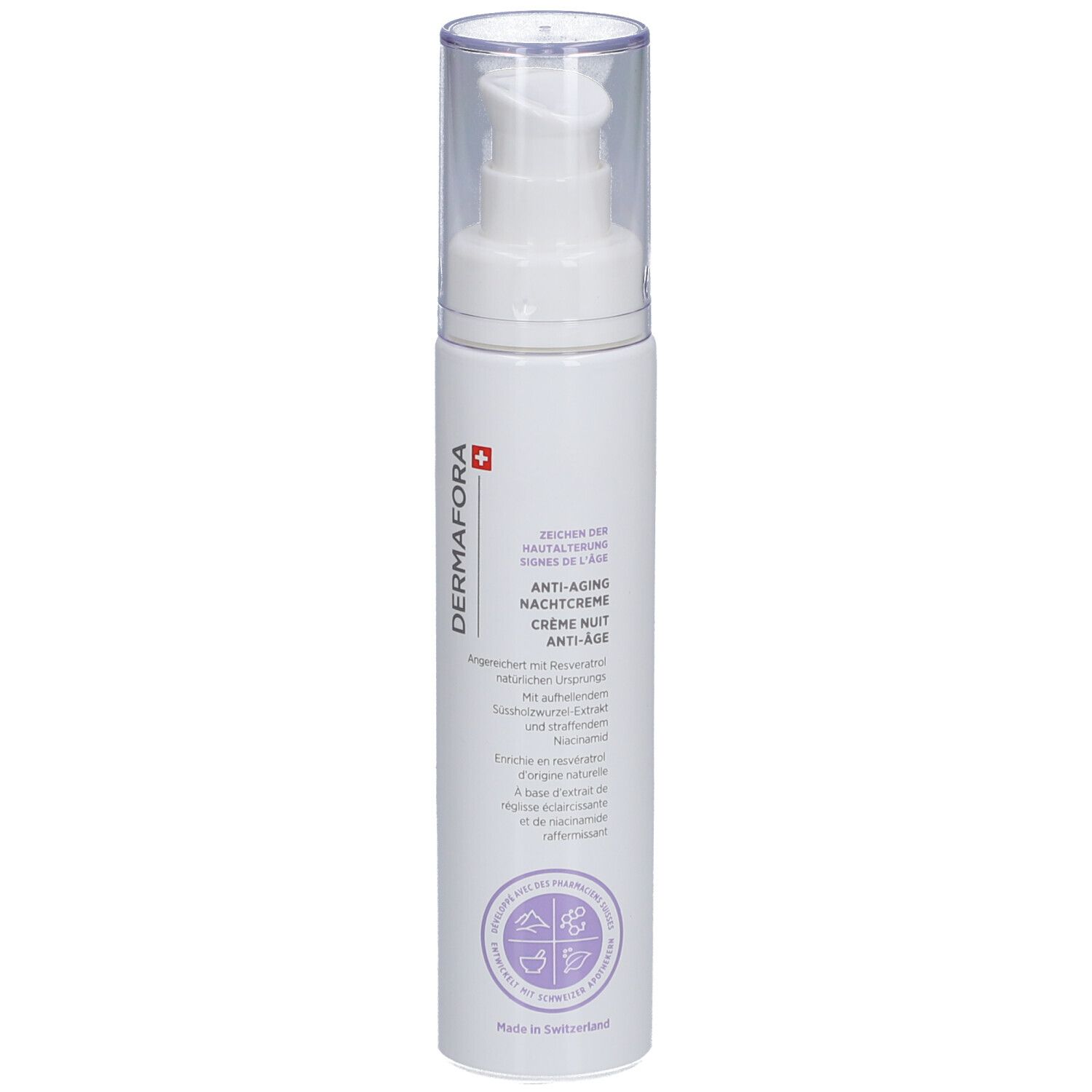 Weiße Flasche mit Pumpkopf. Beschriftung: Dermafora, Anti-Aging Nachtcreme. Schweizer Kreuz.