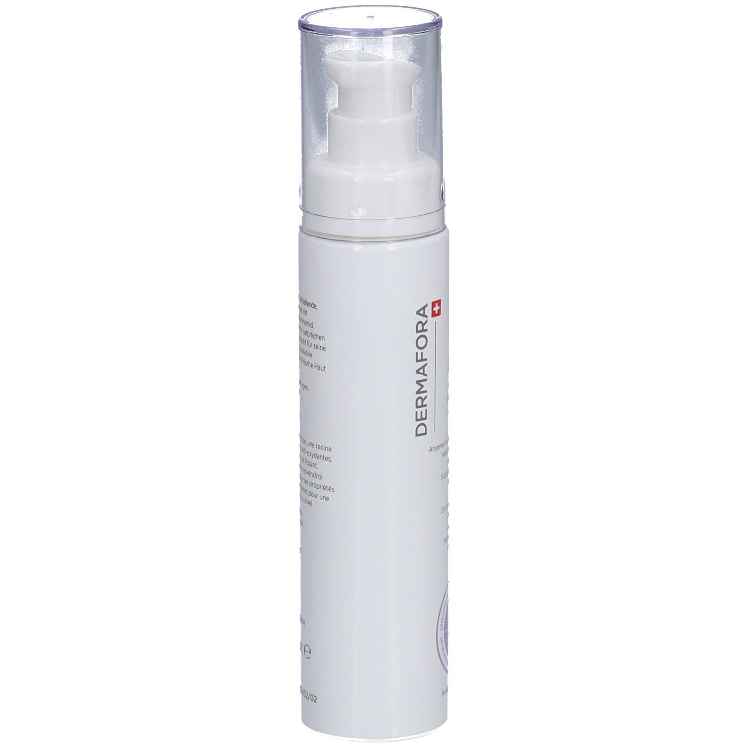Weiße Flasche mit Pumpkopf. Beschriftung und Text. Schweizer Kreuz. Transparenter Deckel.