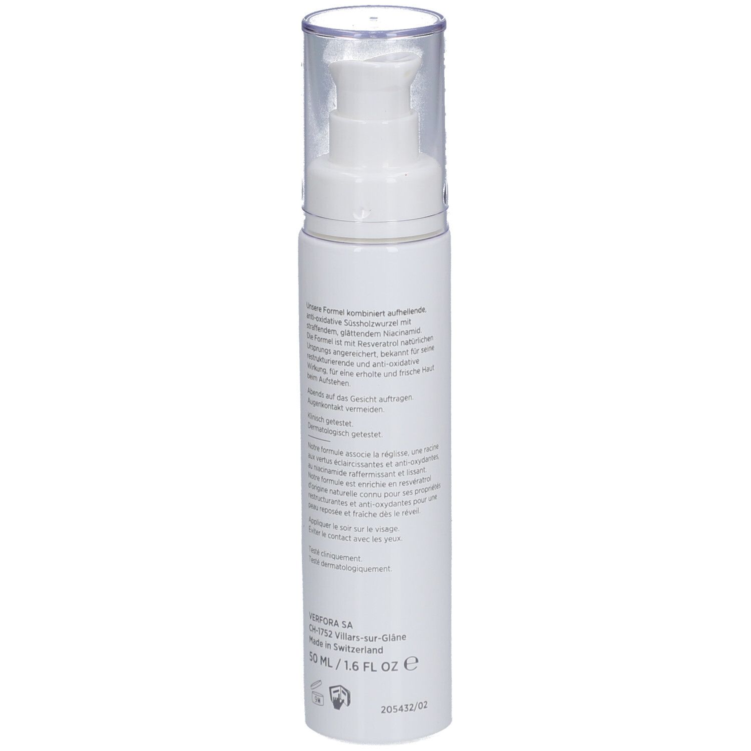 Weiße Flasche mit Pumpkopf. Text und Beschriftung. Schweizer Kreuz. 50 ml/1.6 FL OZ.