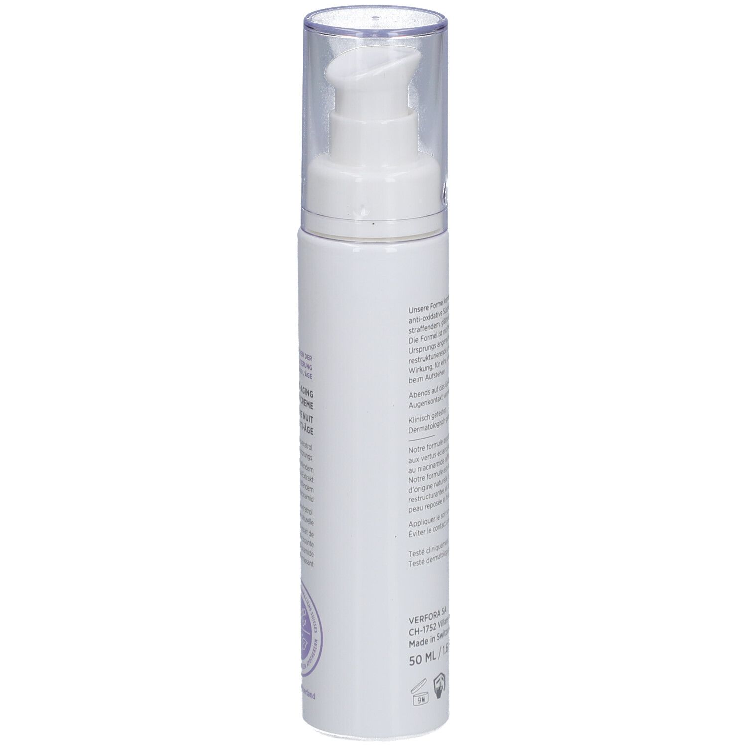 Weiße Flasche mit Pumpkopf. Text und Beschriftung. Schweizer Kreuz. 50 ml/1.6 FL OZ.