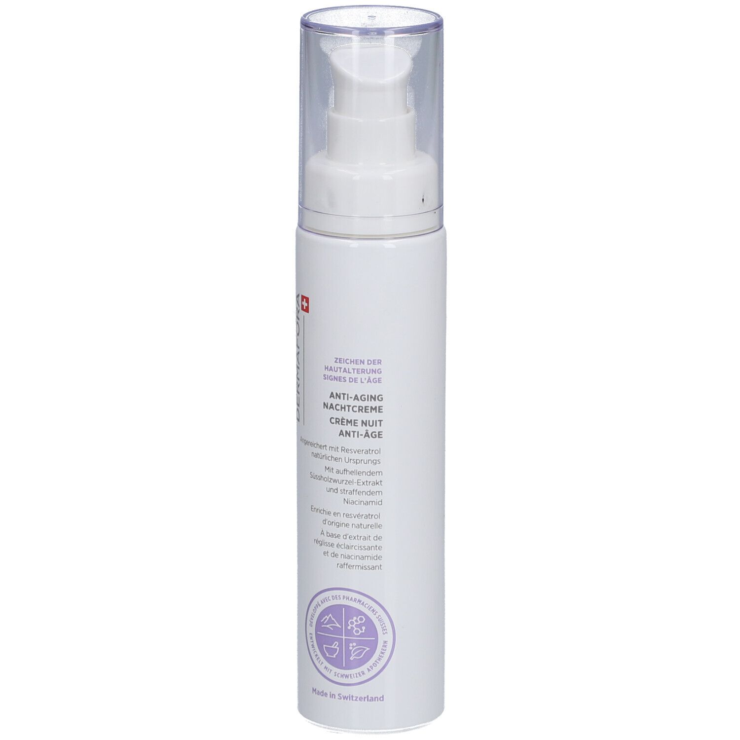 Weiße Flasche mit Pumpkopf. Beschriftung: Dermafora, Anti-Aging Nachtcreme. Schweizer Kreuz.