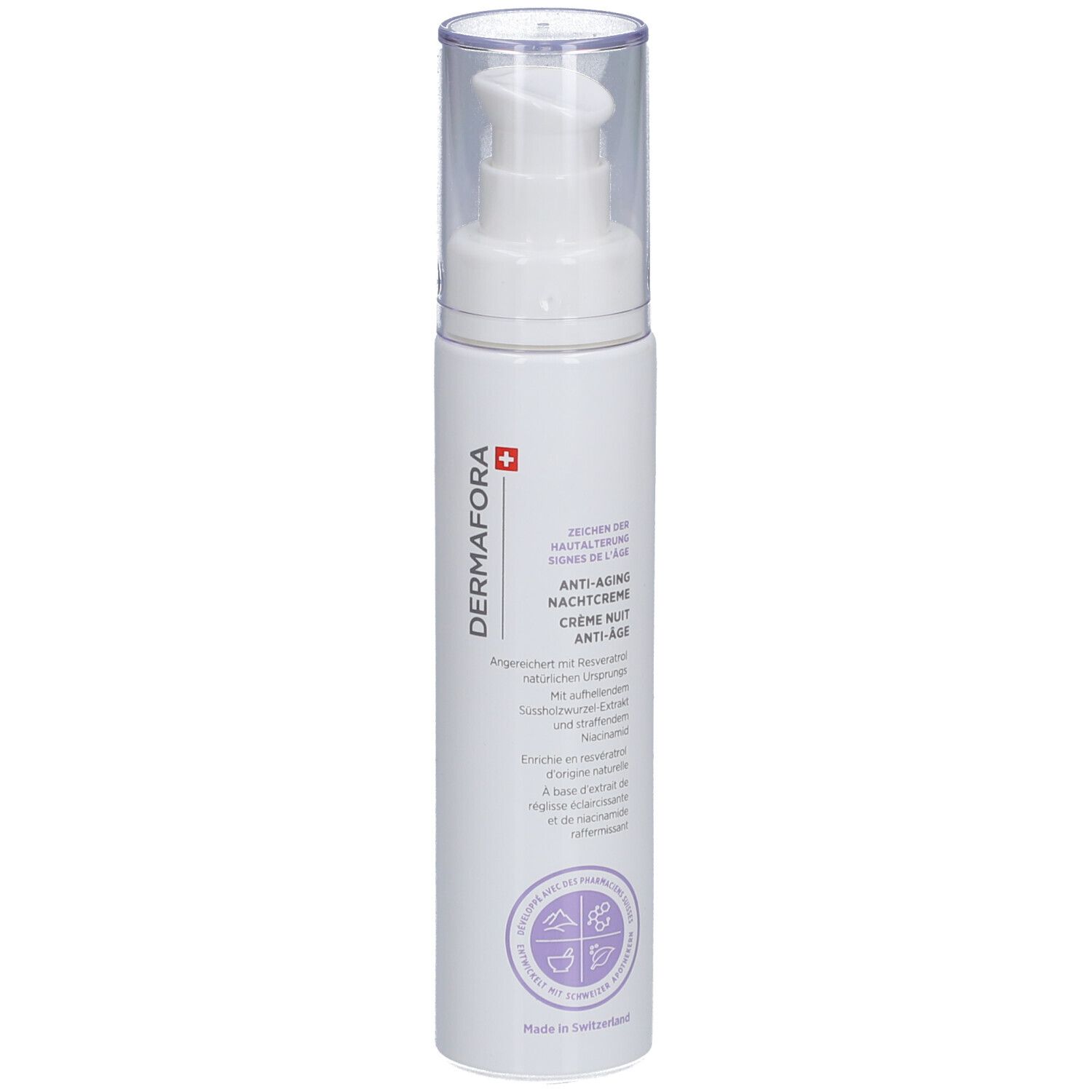 Weiße Flasche mit Pumpkopf. Beschriftung: Dermafora, Anti-Aging Nachtcreme. Schweizer Kreuz.