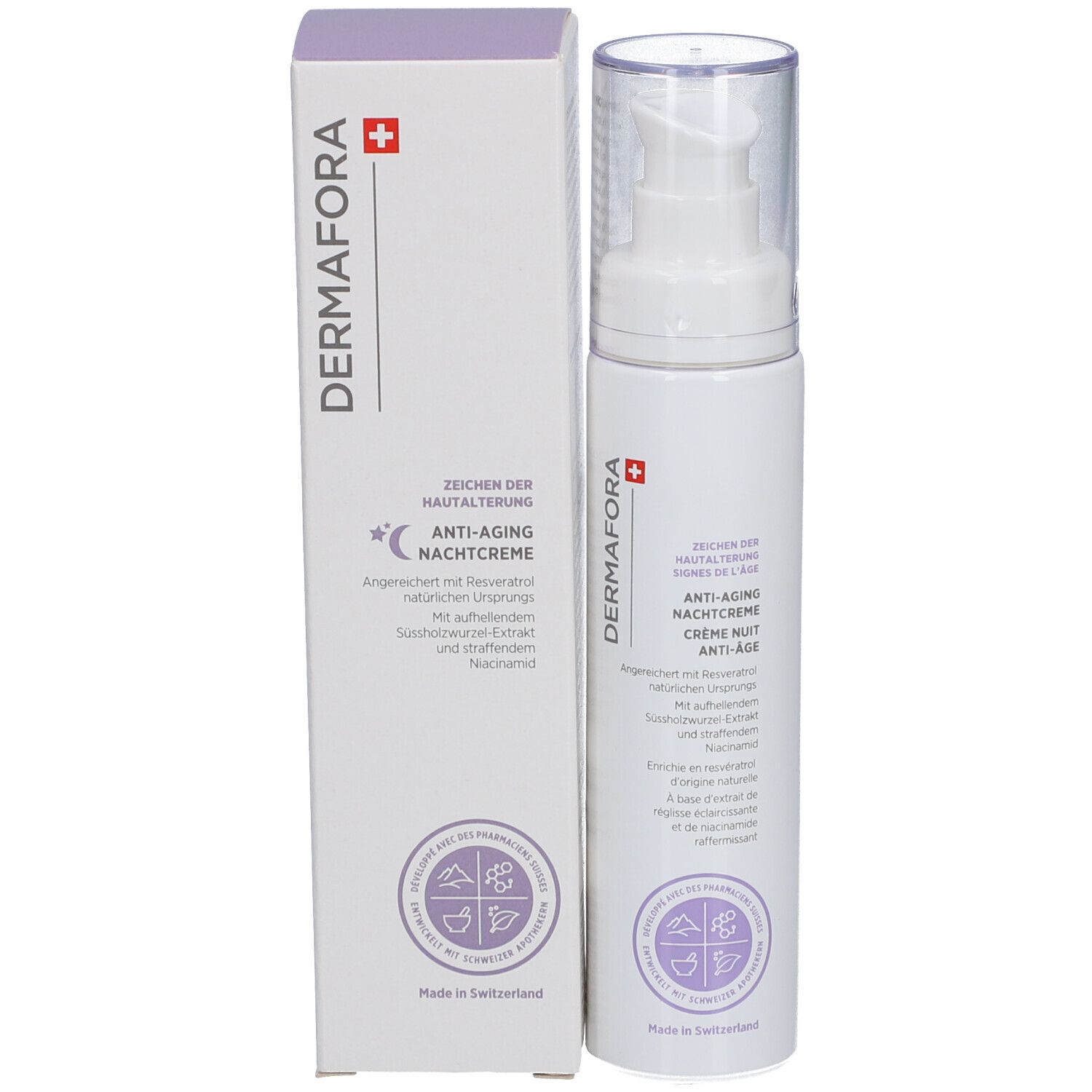 Produktflasche und Verpackung. Weiße Flasche mit Pumpkopf. Beschriftung: Dermafora, Anti-Aging Nachtcreme.