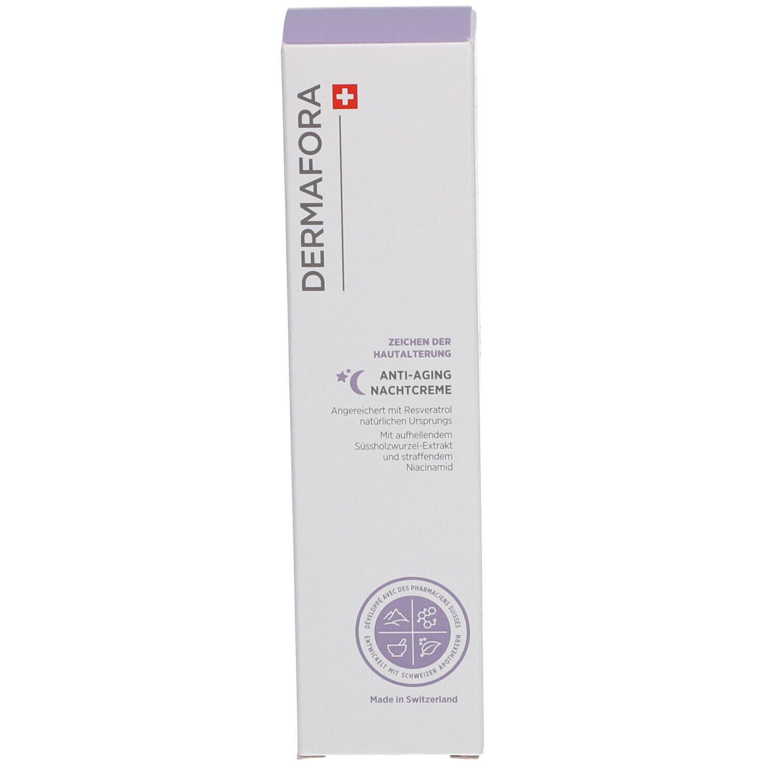 Verpackung. Weißer Karton mit Beschriftung: Dermafora, Anti-Aging Nachtcreme. Schweizer Kreuz.