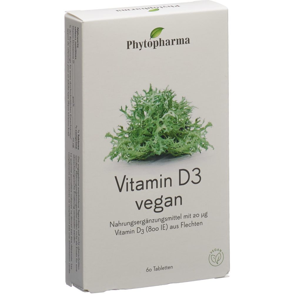 Weiße Schachtel mit "Phytopharma"-Logo und "Vitamin D3 vegan". Abbildung von Flechten. 60 Tabletten.