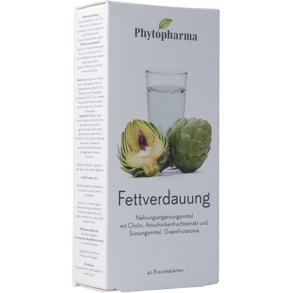 Weiße Schachtel mit Produktaufdruck. Abbildung von Artischocken und Glas Wasser. Text: Fettverdauung, 40 Brausetabletten.