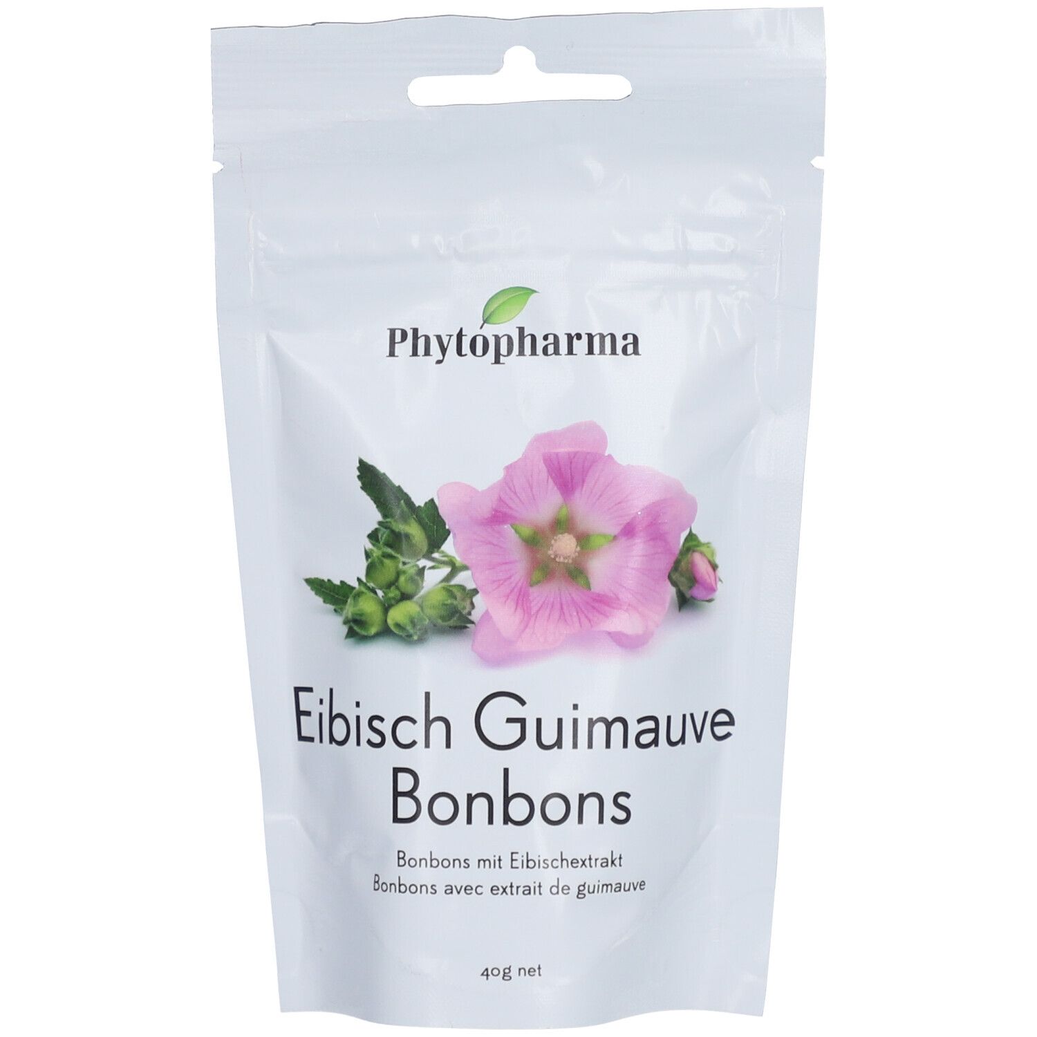 Weiße Tüte mit Produktabbildung und Schriftzug PHYTOPHARMA. Rosa Malvenblüte und grüne Knospen. Text: Eibisch Guimauve Bonbons.