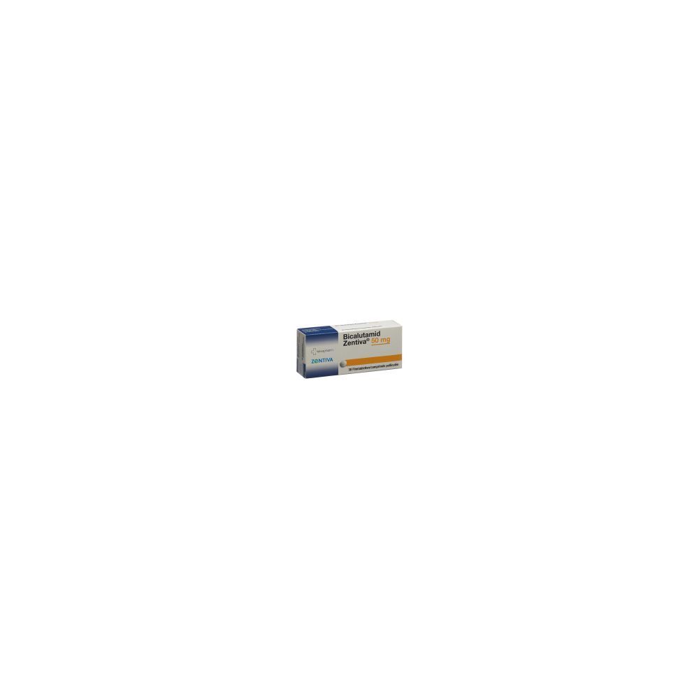 Kartonverpackung von Bicalutamid Zentiva Filmtabl 50 mg. Blaue und orangefarbene Schrift auf weißem Hintergrund. Produktname und Dosierung sichtbar.