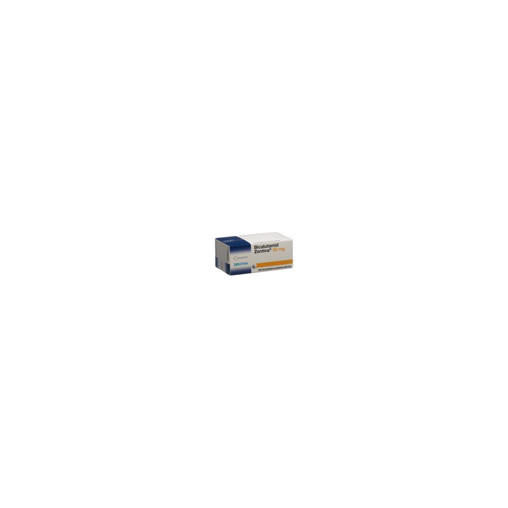 Karton BICALUTAMID Zentiva Filmtabl 50 mg. Blau-weiß-orangefarbene Verpackung. Text auf der Verpackung.