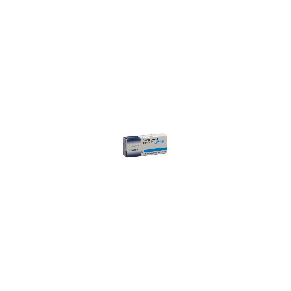 Kartonverpackung mit Aufschrift Bicalutamid Zentiva Filmtabl 150 mg. Blaue und weiße Farbgebung. Kleiner Schriftzug.