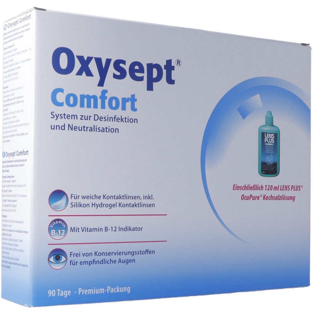 Oxysept Comfort-Verpackung. Enthält Flasche und Kontaktlinsen-Pflegemittel. Text: System zur Desinfektion und Neutralisation. Mit Vitamin B-12.