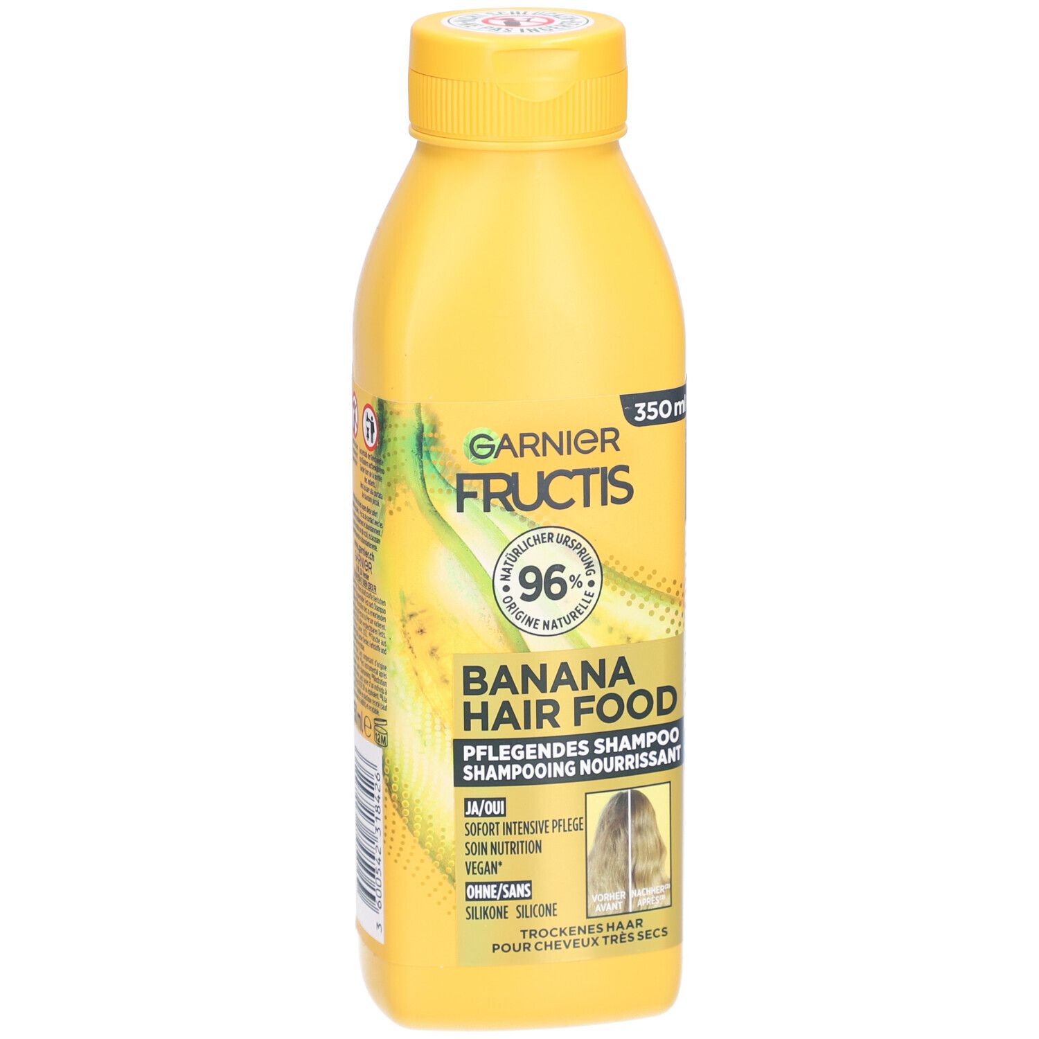 Flacon de shampooing jaune. Inscription: Garnier Fructis Banana Hair Food. 96% ingrédients naturels. 350ml.
