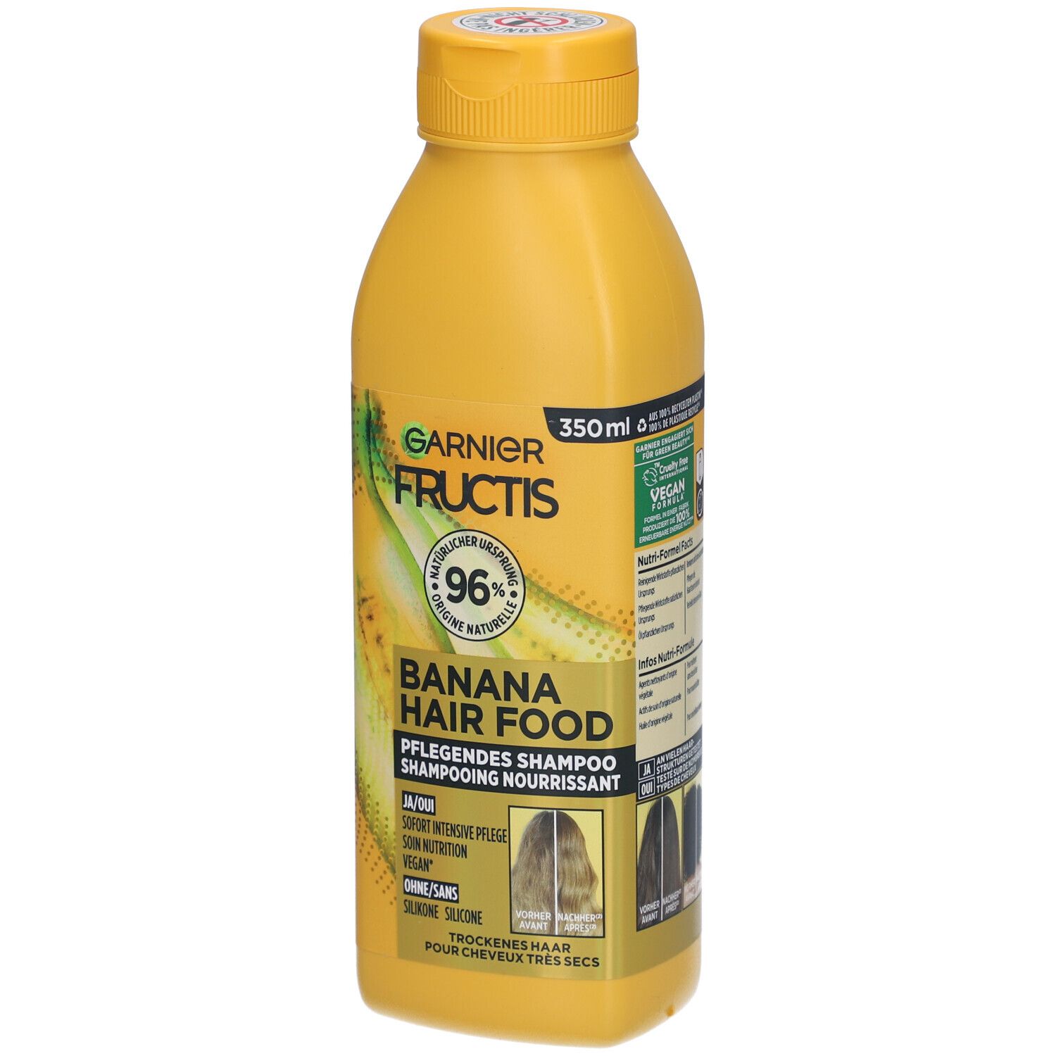 Flacon de shampooing jaune. Inscription: Garnier Fructis Banana Hair Food. 96% ingrédients naturels. 350ml.