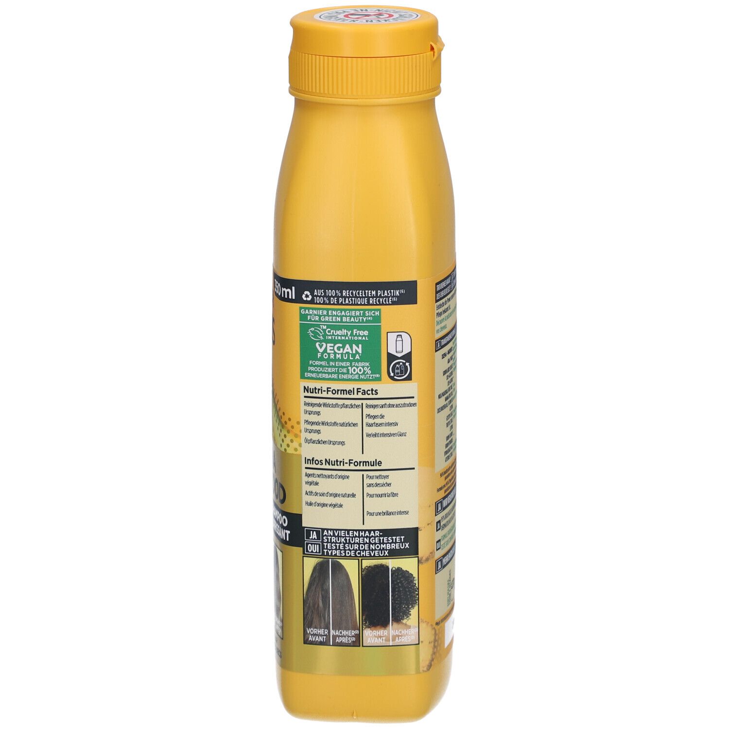Dos du flacon de shampooing jaune. Contient des informations, logo vegan et consigne de recyclage. 350ml.