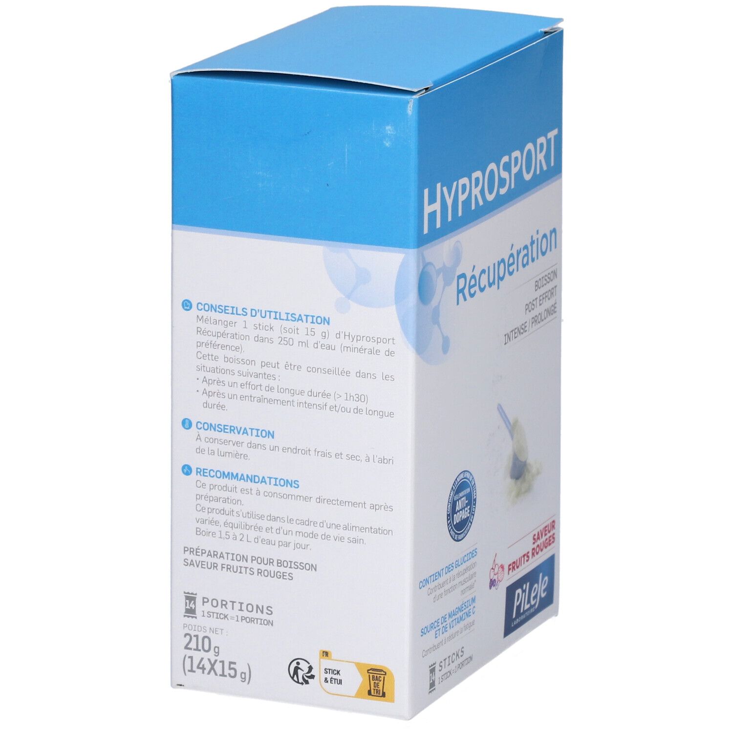 Blau-weiße Schachtel mit "HYPROSPORT Récupération". Enthält Informationen zur Anwendung und Inhaltsstoffe. "PILEJE" Logo.