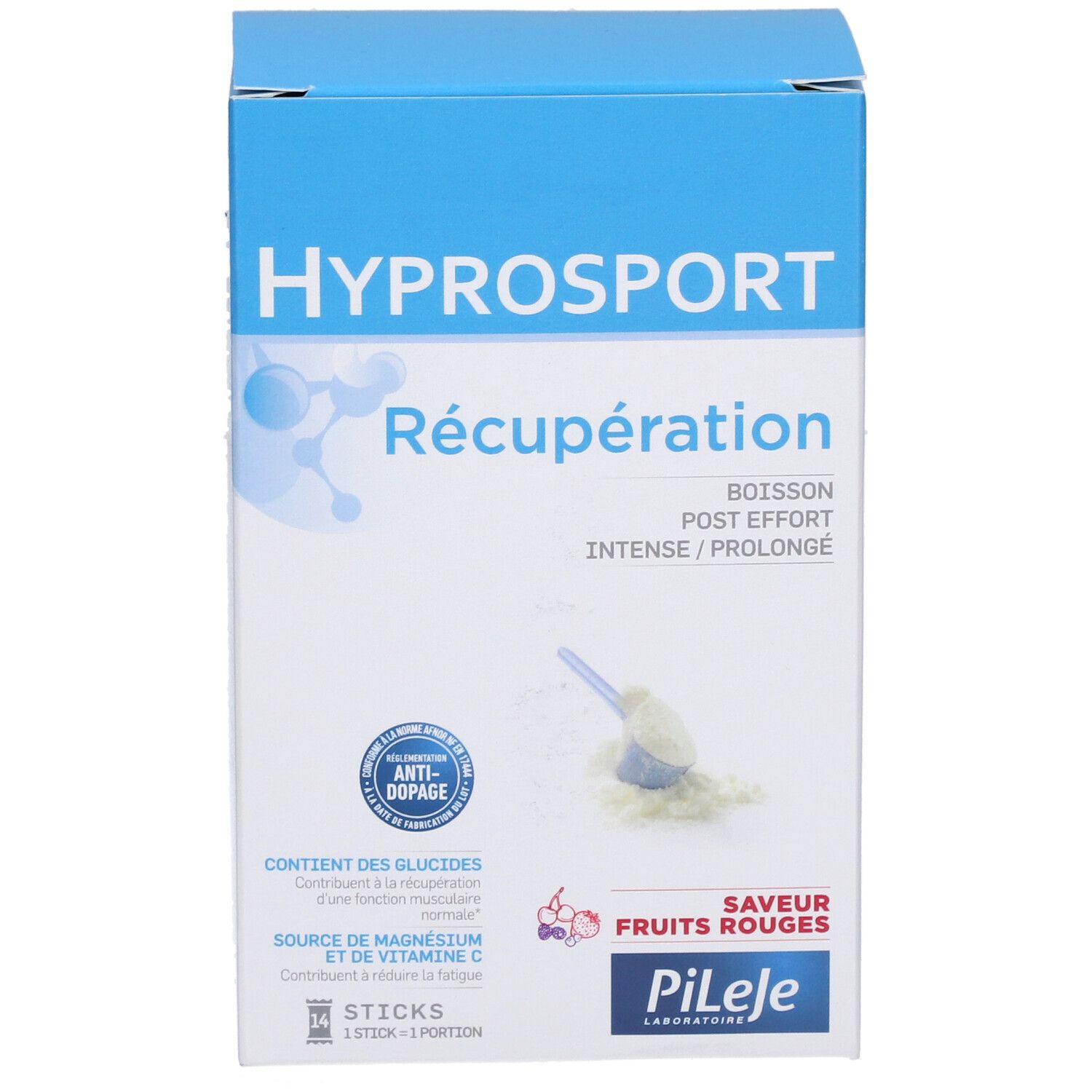 Blau-weiße Schachtel mit "HYPROSPORT Récupération". Enthält Pulver und Messlöffel. Aufschrift "Fruits Rouges" und "PILEJE".