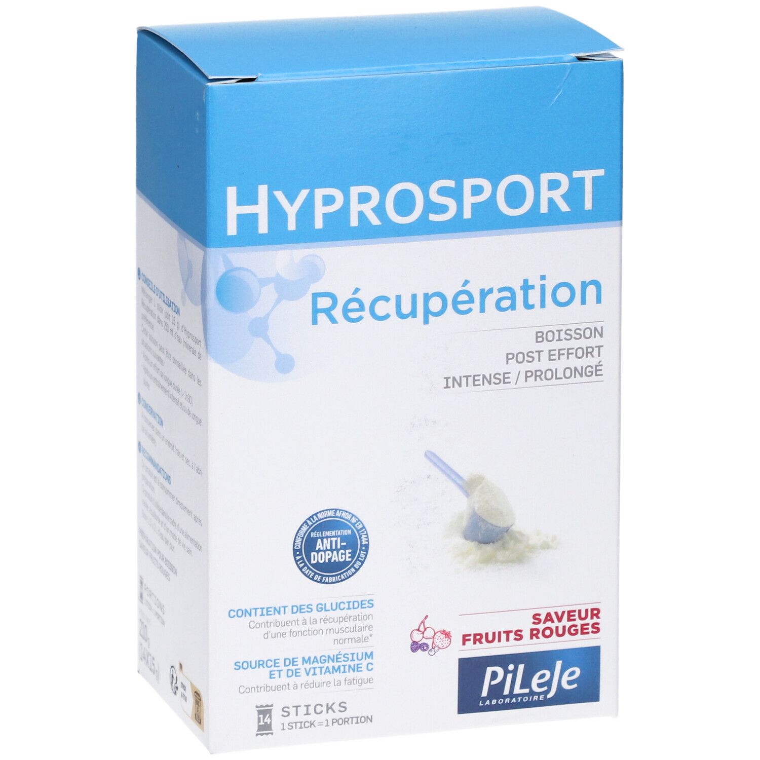 Blau-weiße Schachtel mit "HYPROSPORT Récupération". Enthält Pulver und Messlöffel. Aufschrift "Fruits Rouges" und "PILEJE".
