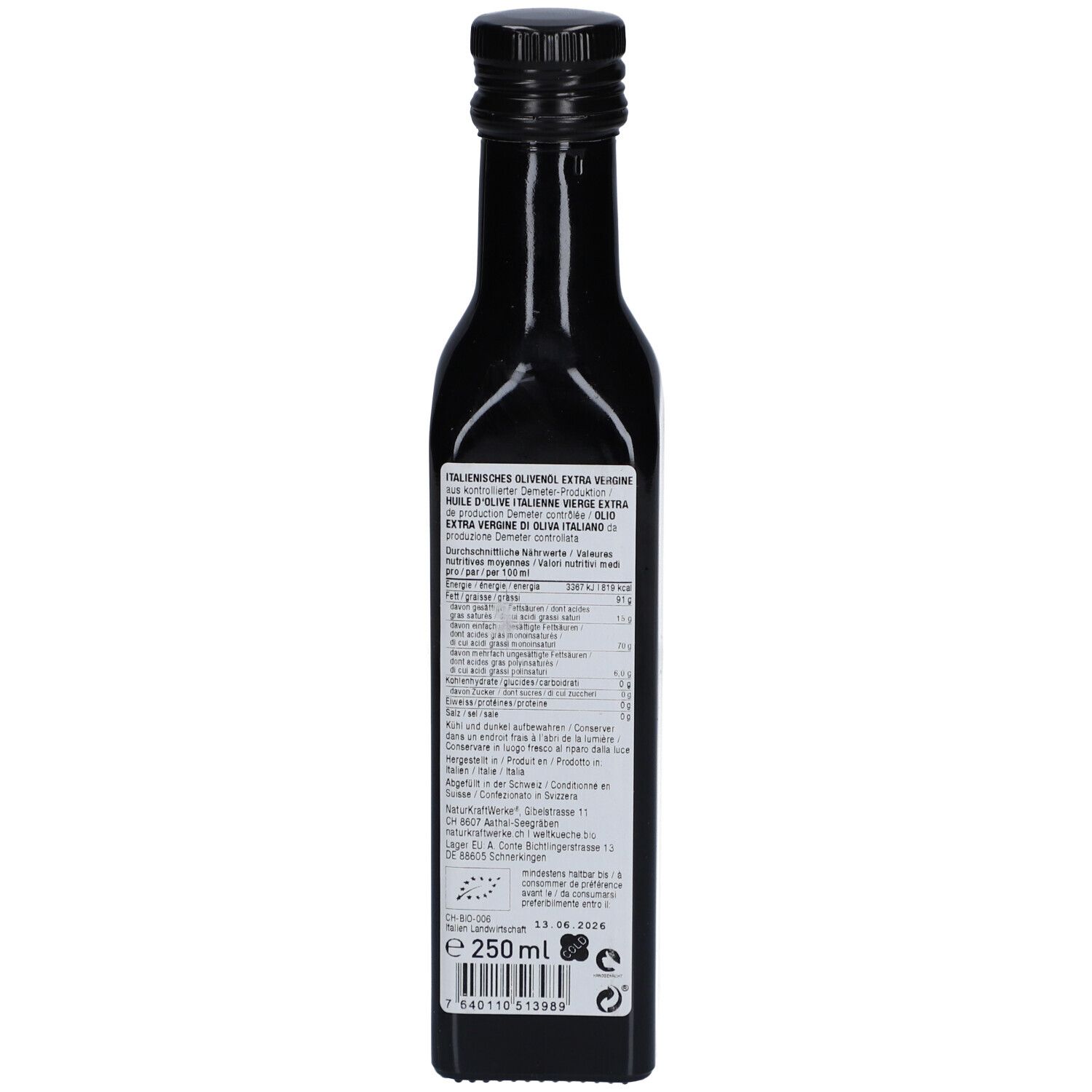 Vue arrière de la bouteille en verre foncé. Étiquette avec texte et informations nutritionnelles. Logo Demeter. Fond de la bouteille avec code EAN.