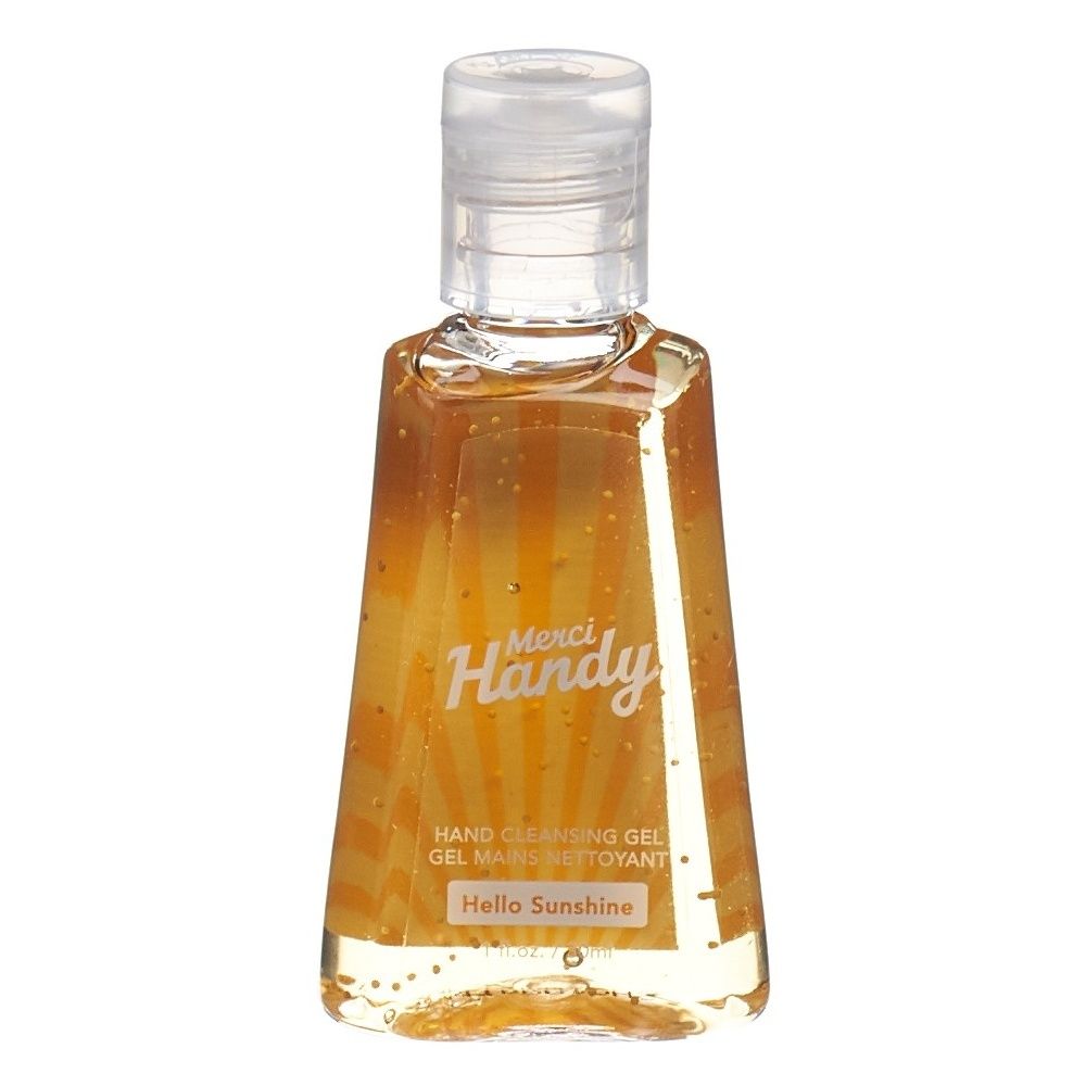 Gel nettoyant pour les mains dans un flacon transparent avec bouchon rabattable. Inscription : Merci Handy, Hello Sunshine.